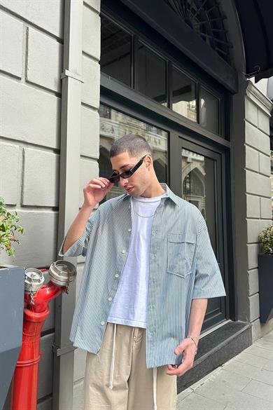 Yeşil Şerit Detay Ön Cepli 07 PH Oversize Gömlek