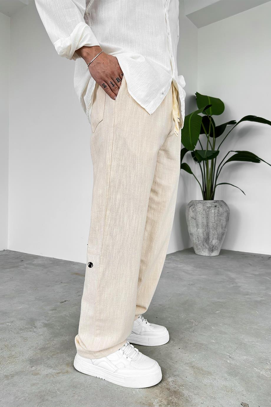 Bej Nakışlı Baggy Keten Pantolon