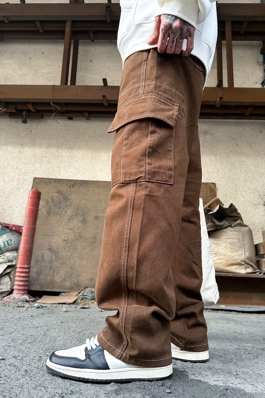 Double Cep Detay Kahverengi Baggy Kargo Pantolon