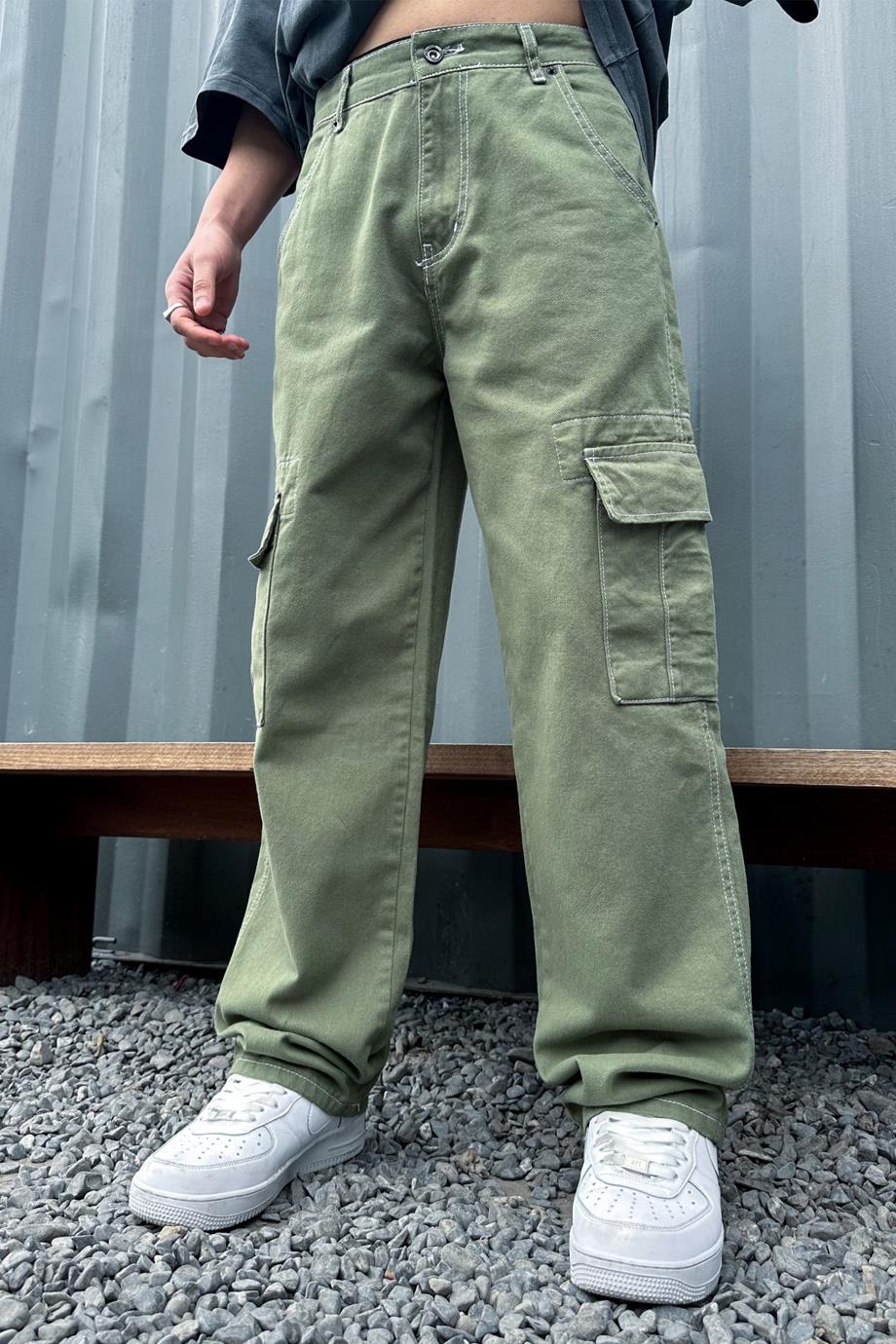 Double Cep Detay Yeşil Baggy Kargo Pantolon
