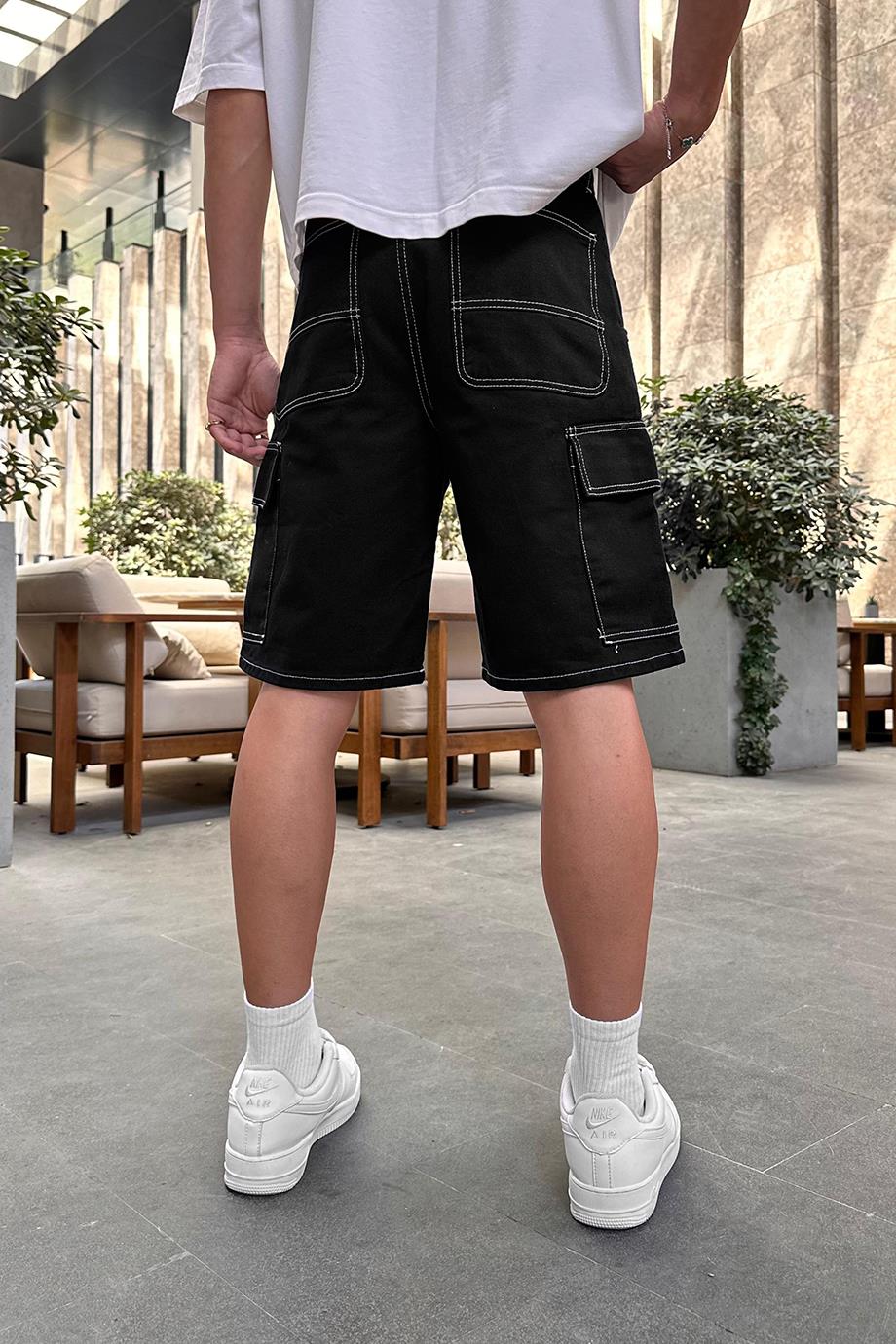 Siyah Kargo Cepli Beyaz Ters Dikişli DL Baggy Kot Şort