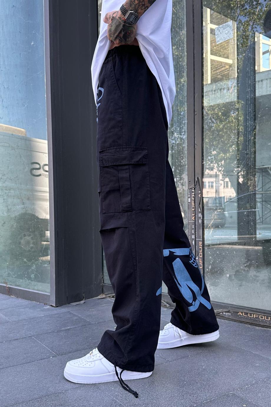 Siyah MTW Mavi Yazılı Premium Kargo Cepli Baggy Pantolon