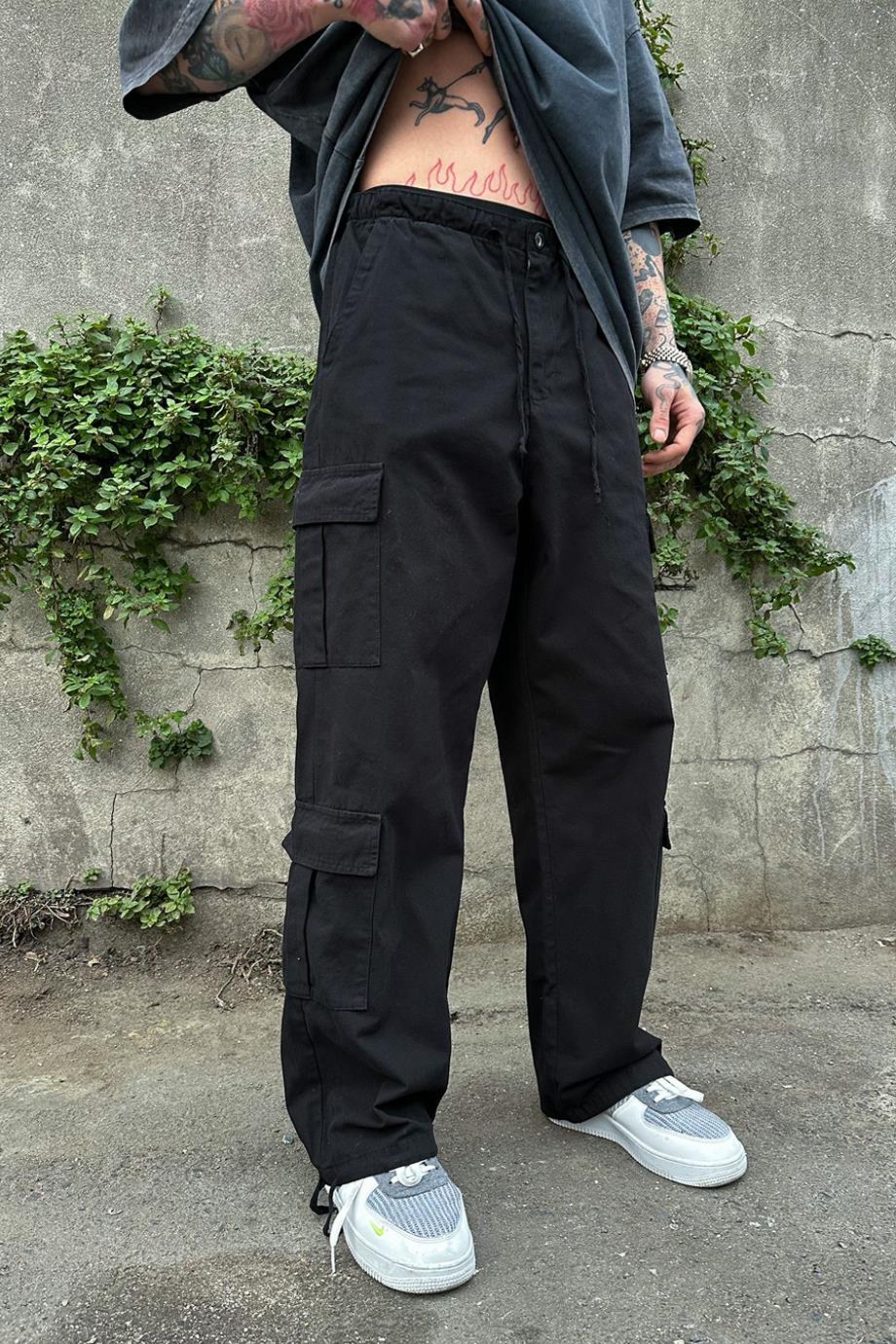 Tasarım Çift Cepli Kargo Siyah Baggy Pantolon