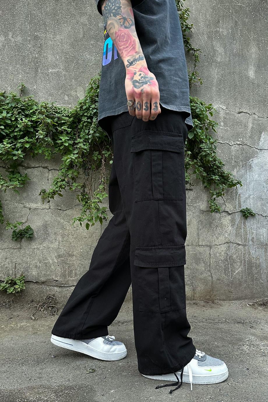 Tasarım Çift Cepli Kargo Siyah Baggy Pantolon