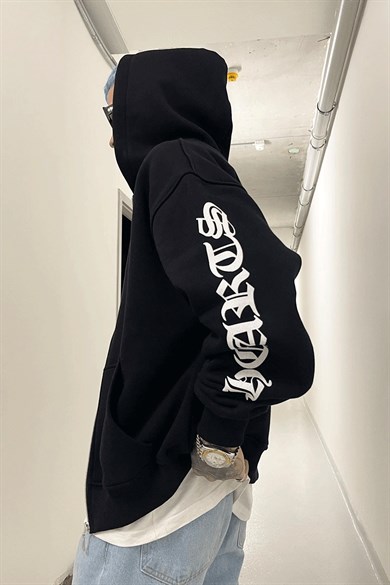 Horse Siyah Kol Yazı Detay Fermuarlı 3 İplik Şardonlu Oversize Sweatshirt