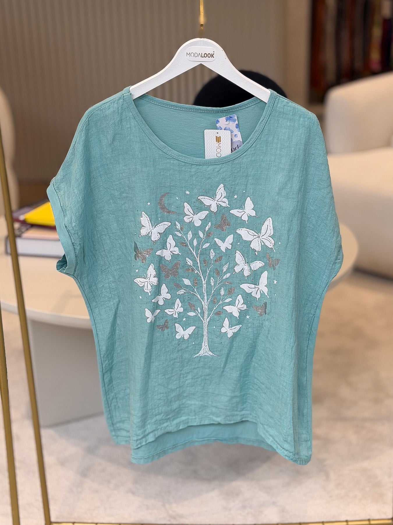 Ağaç Ve Kelebek Desenli Önü Keten Arkası Pamuklu Bluz Mint Renk