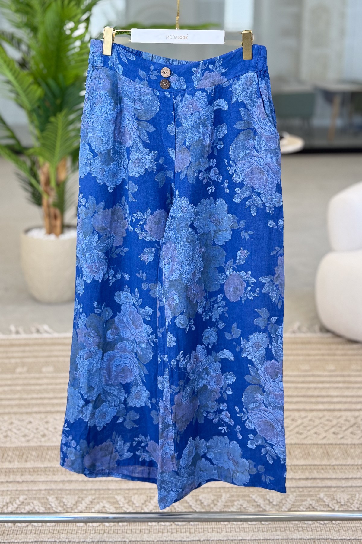 Ahşap Düğmeli Çiçek Desen Beli Lastikli Keten Pantolon Saks Renk