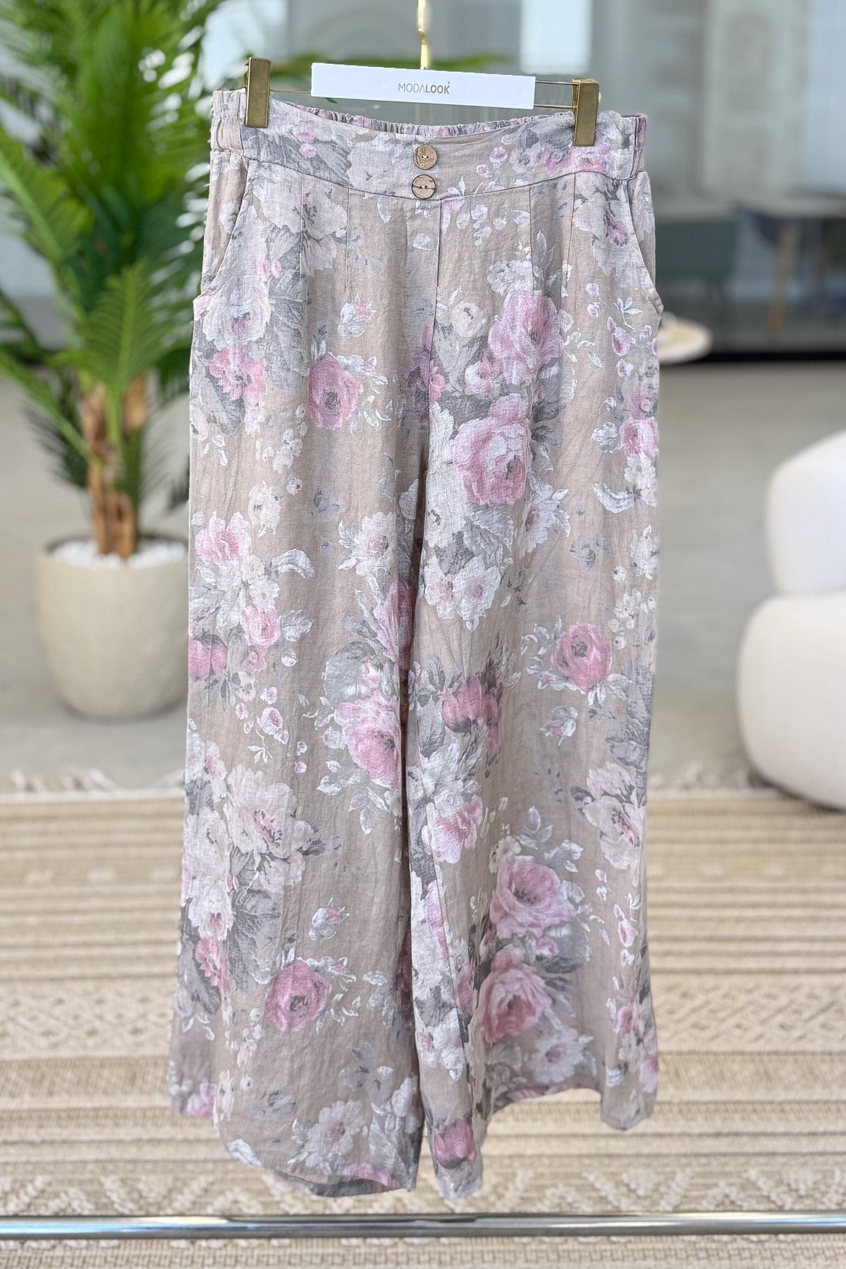 Ahşap Düğmeli Çiçek Desen Beli Lastikli Keten Pantolon Vizon Renk