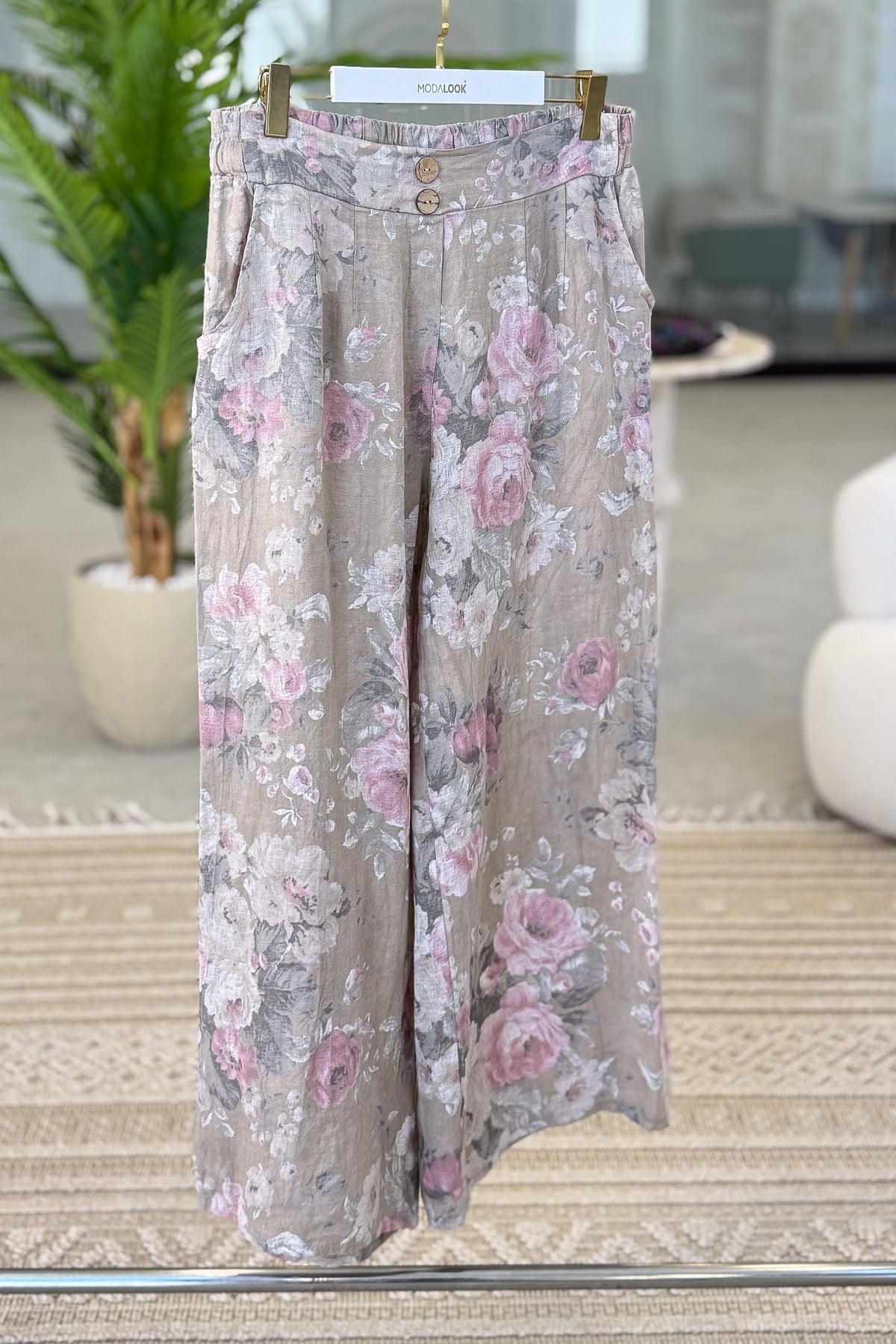 Ahşap Düğmeli Çiçek Desen Beli Lastikli Keten Pantolon Vizon Renk