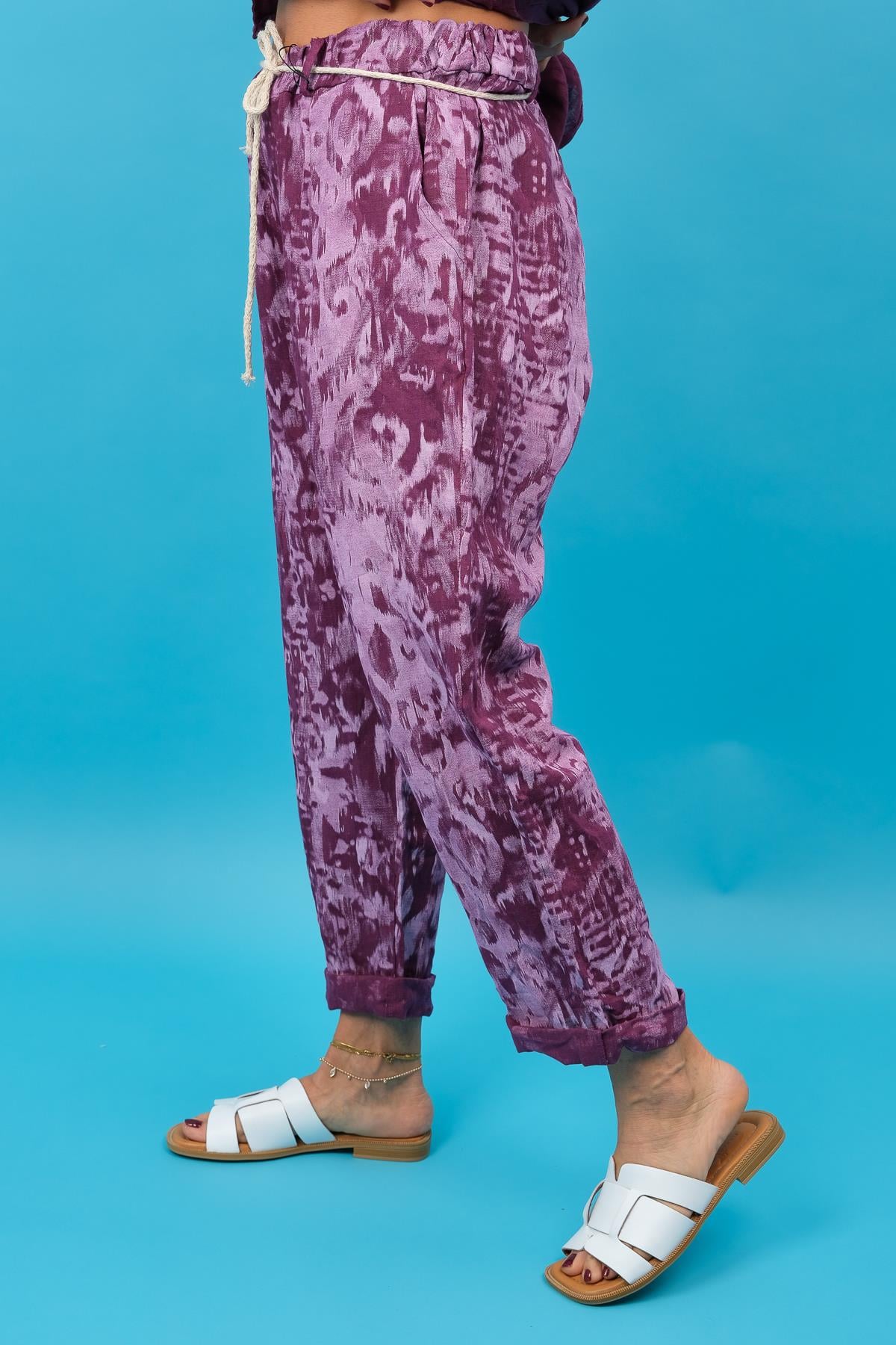 Batik Desen Havuç Paça Keten Pantolon Mürdüm Renk