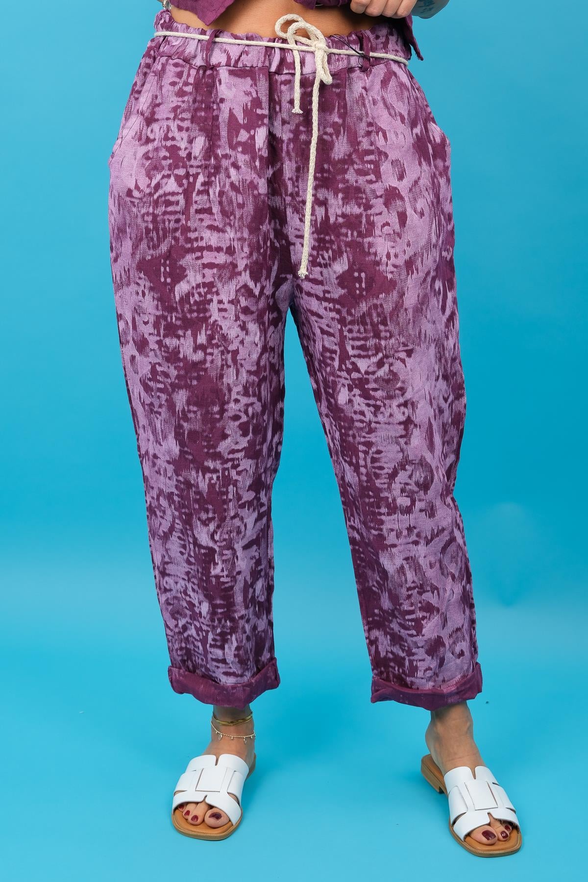 Batik Desen Havuç Paça Keten Pantolon Mürdüm Renk