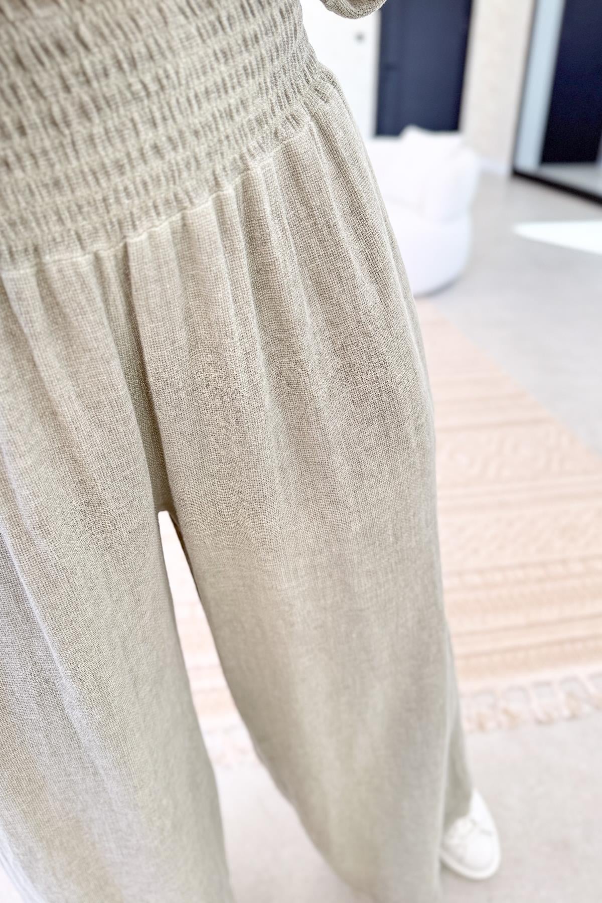 Beli Lastikli Yıkamalı Pamuklu Keten Bol Paça Pantolon Haki Renk