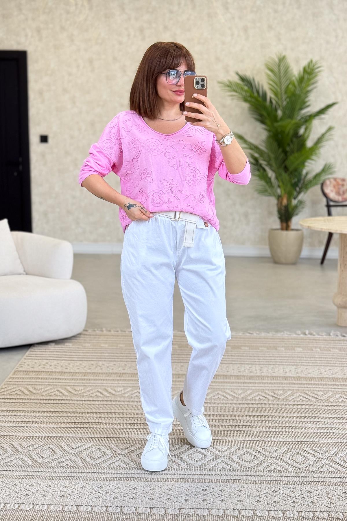 Çiçek Kabartma Detaylı Pamuklu Bluz Pembe Renk