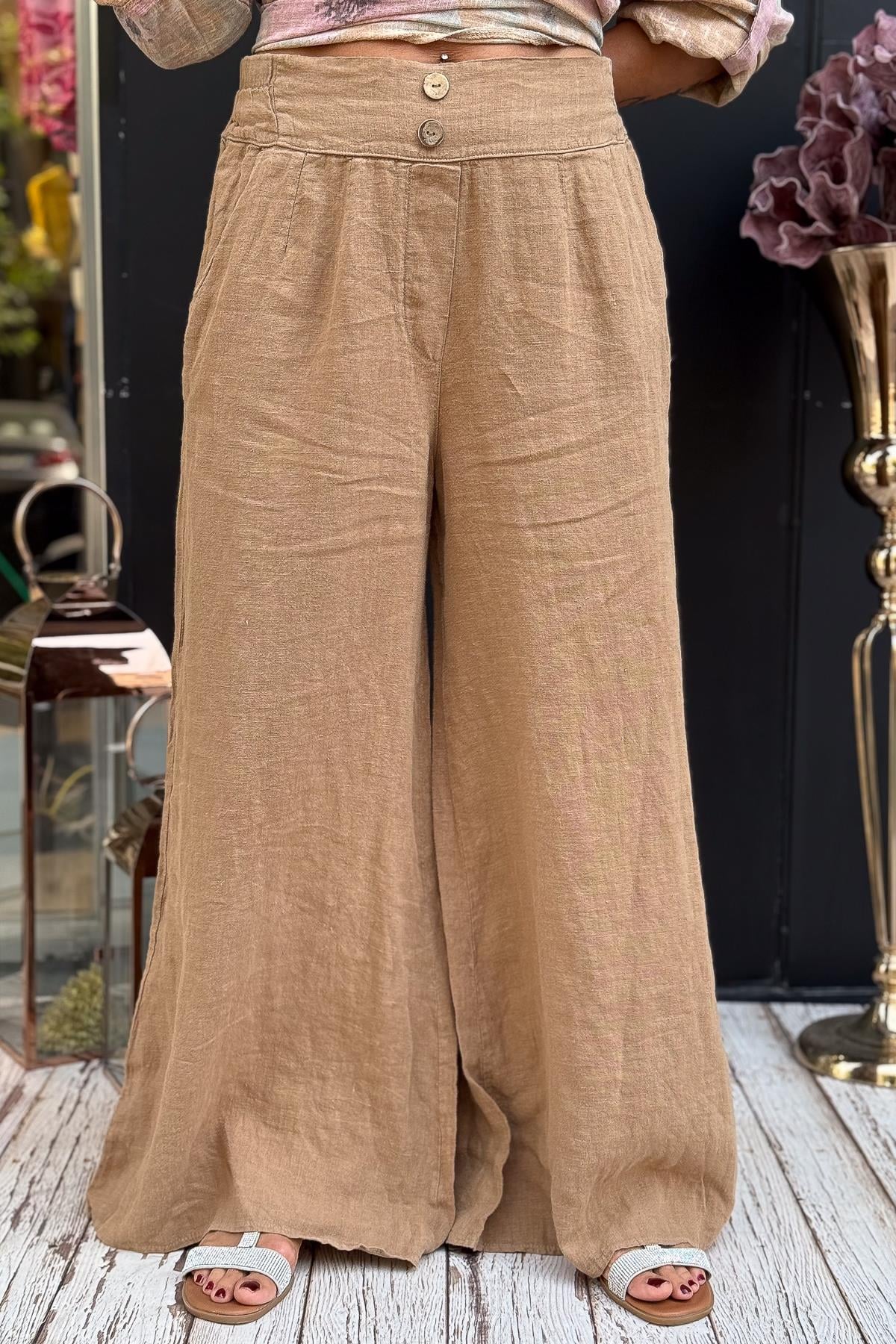 Çift Ahşap Düğmeli Tok Kumaş Keten Pantolon Camel Renk