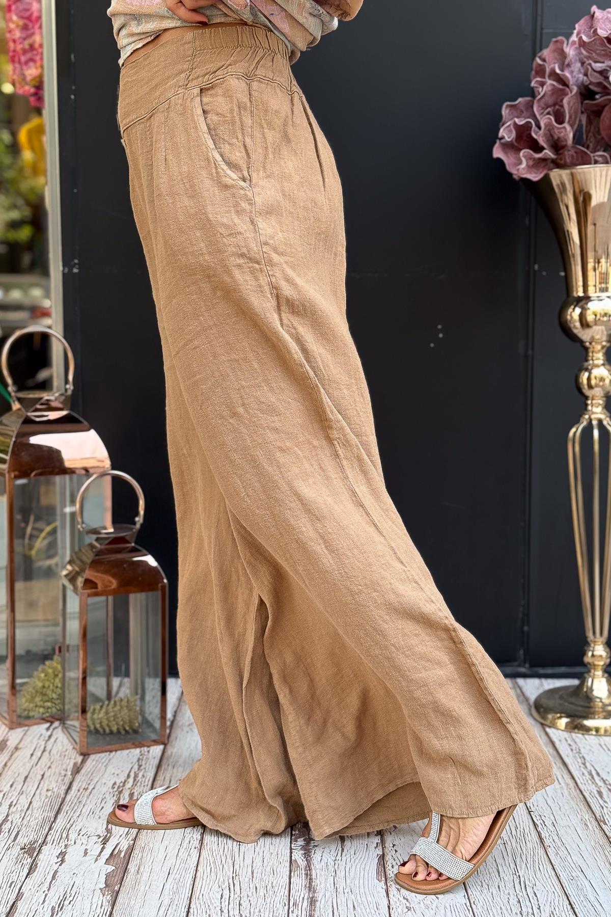 Çift Ahşap Düğmeli Tok Kumaş Keten Pantolon Camel Renk