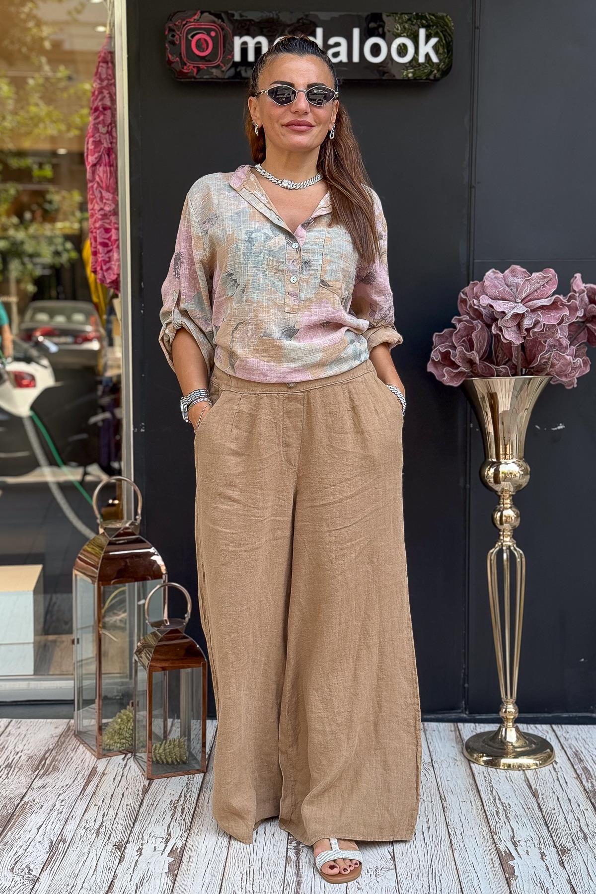 Çift Ahşap Düğmeli Tok Kumaş Keten Pantolon Camel Renk