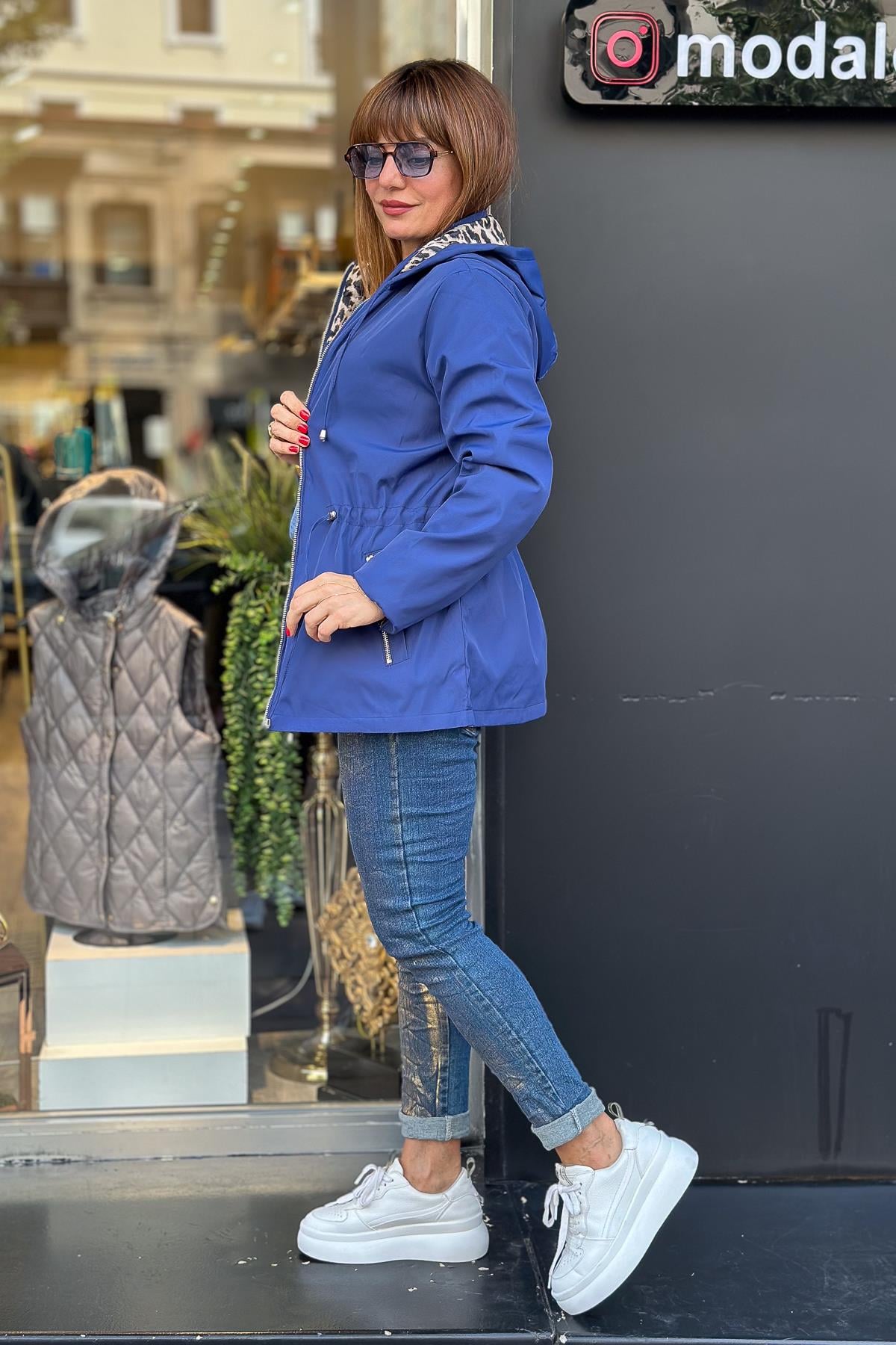 Çift Taraflı Kullanılan Leopar Desenli Trenç Saks Renk