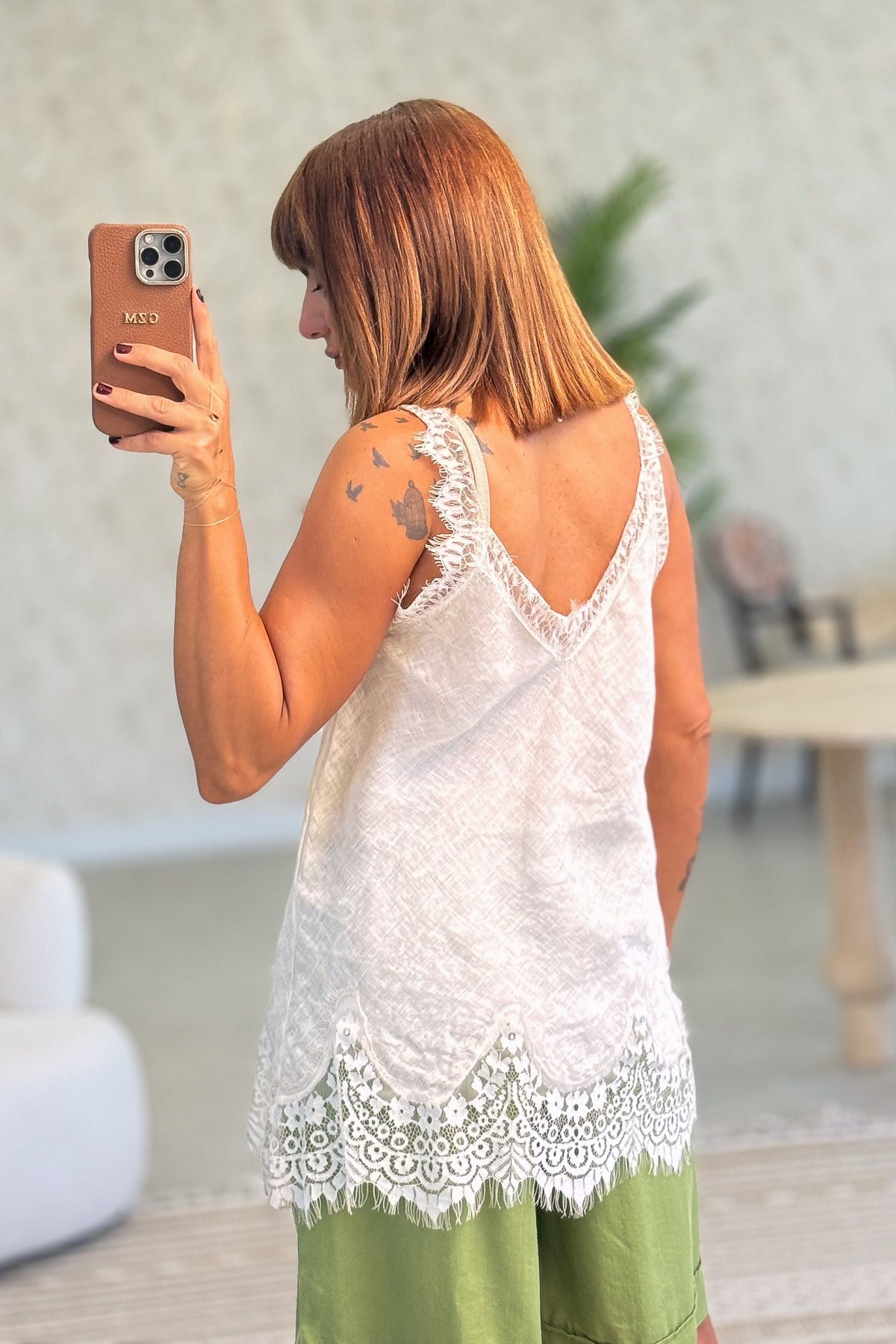 Dantel Askılı Keten Bluz Krem Renk