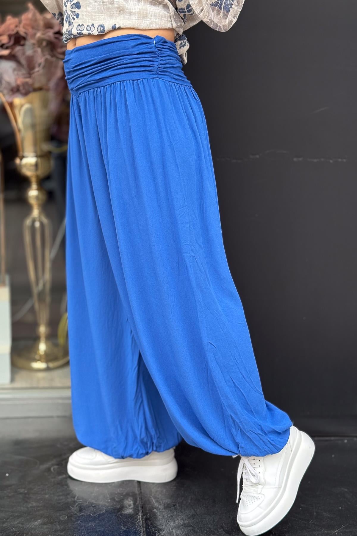 Düz Basic Renk Pamuklu Şalvar Saks Renk