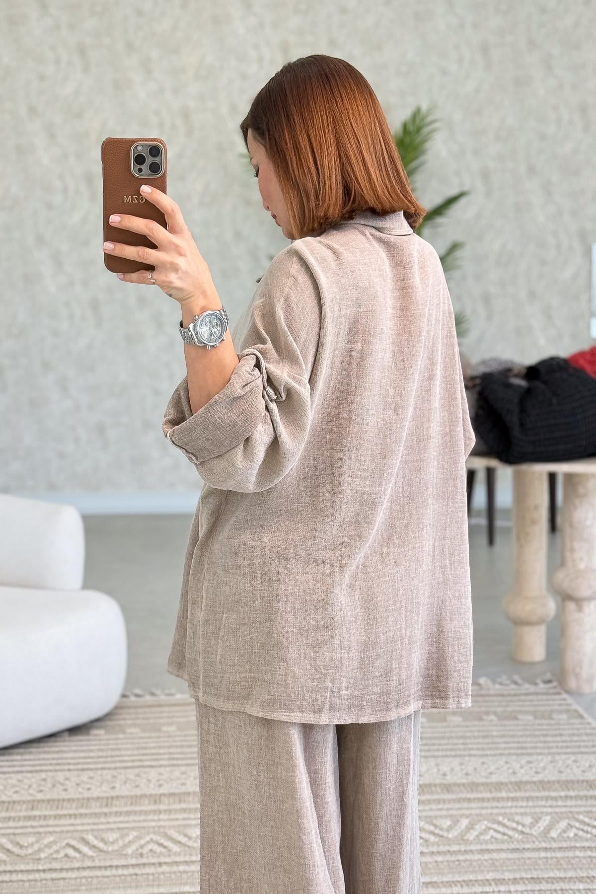 Düz Basic Yıkamalı Pamuklu Keten Gömlek Camel Renk