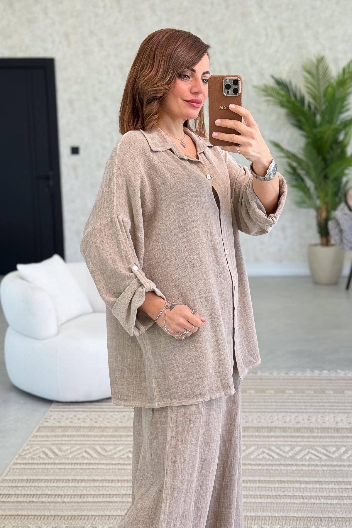 Düz Basic Yıkamalı Pamuklu Keten Gömlek Camel Renk