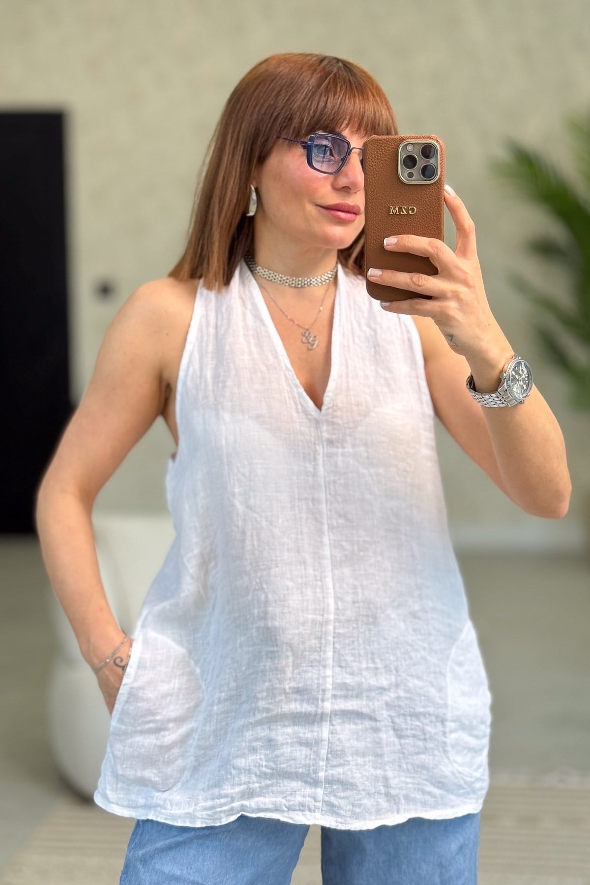 Düz Basic Yüzücü Keten Bluz Beyaz Renk