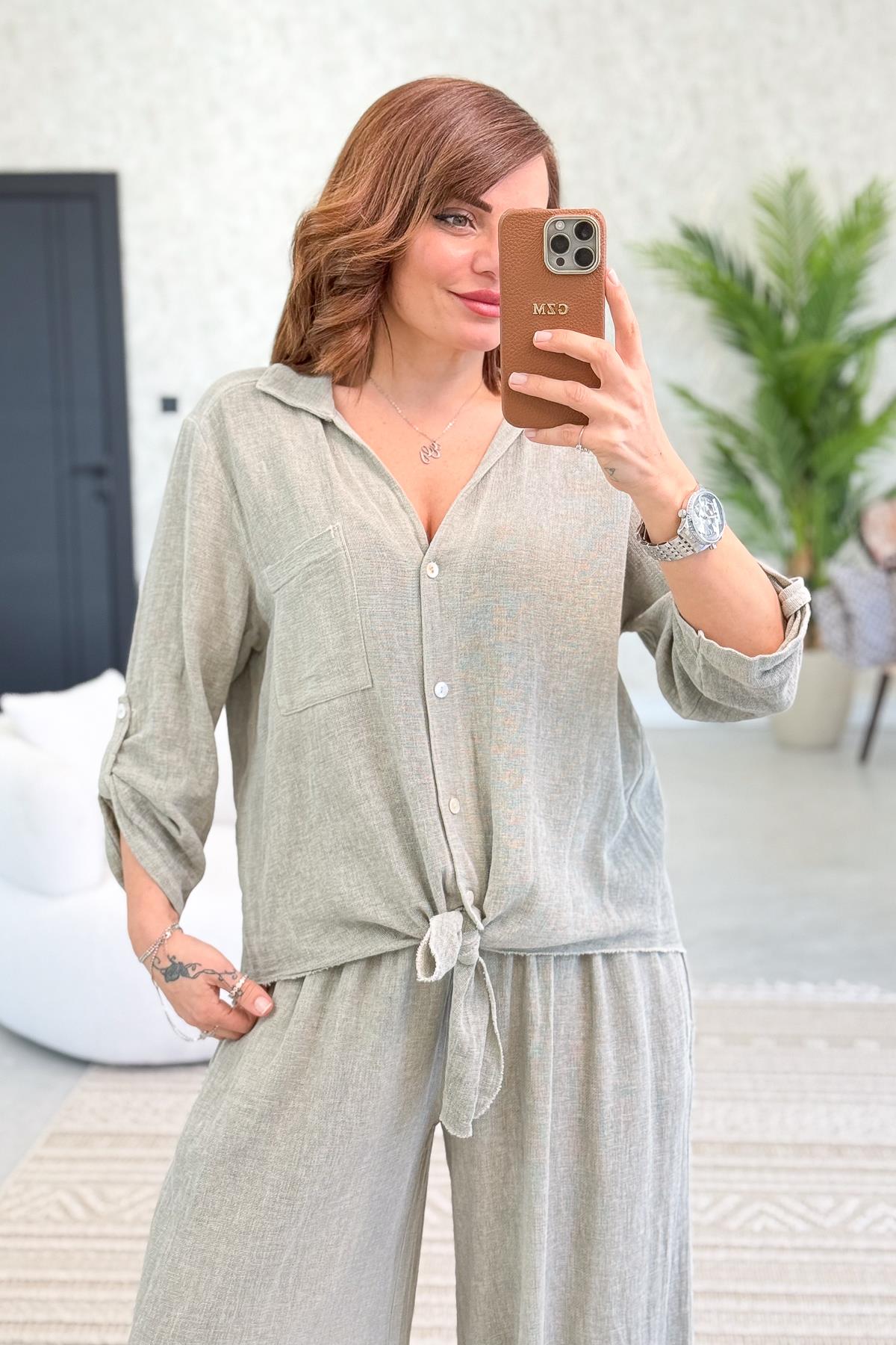 Etek Ucu Bağlamalı Yıkamalı Pamuklu Keten Gömlek Haki Renk