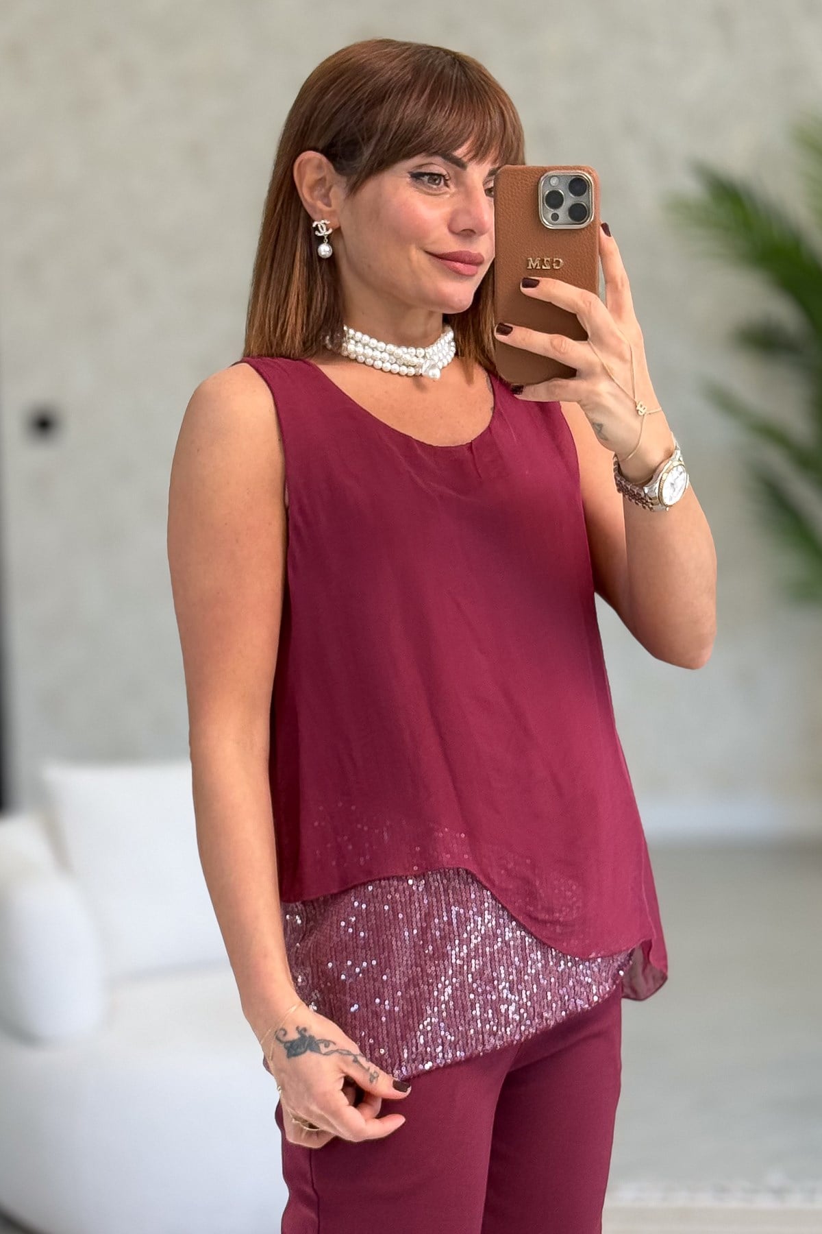 Etek Ucu Pullu Kolsuz İpek Bluz Bordo Renk