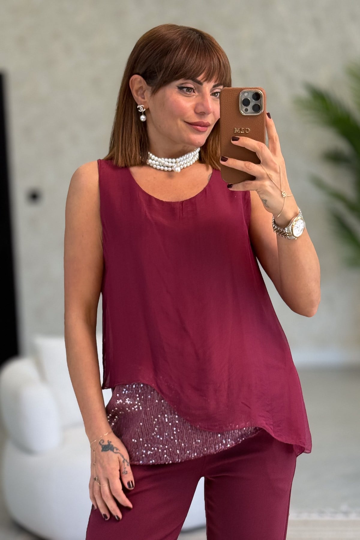 Etek Ucu Pullu Kolsuz İpek Bluz Bordo Renk