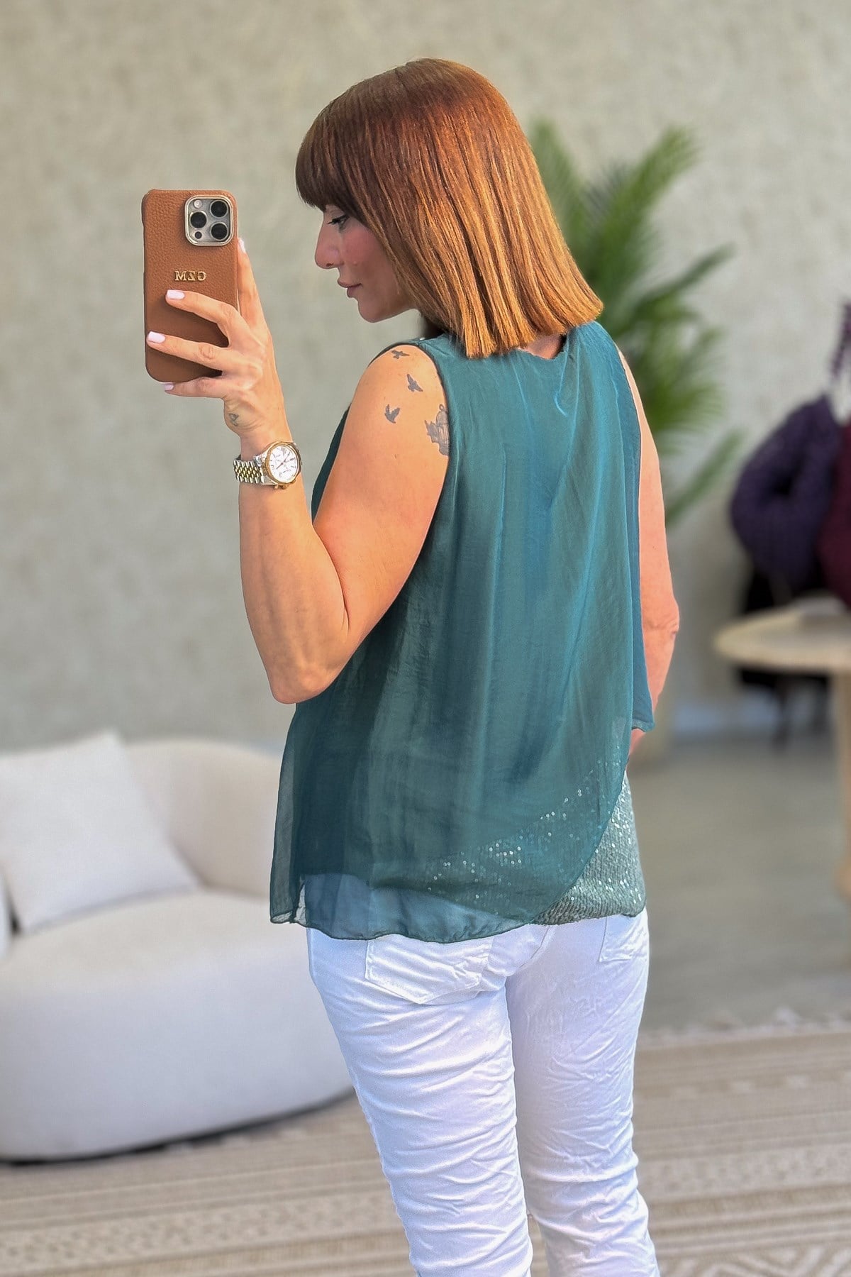 Etek Ucu Pullu Kolsuz İpek Bluz Nefti Yeşil Renk