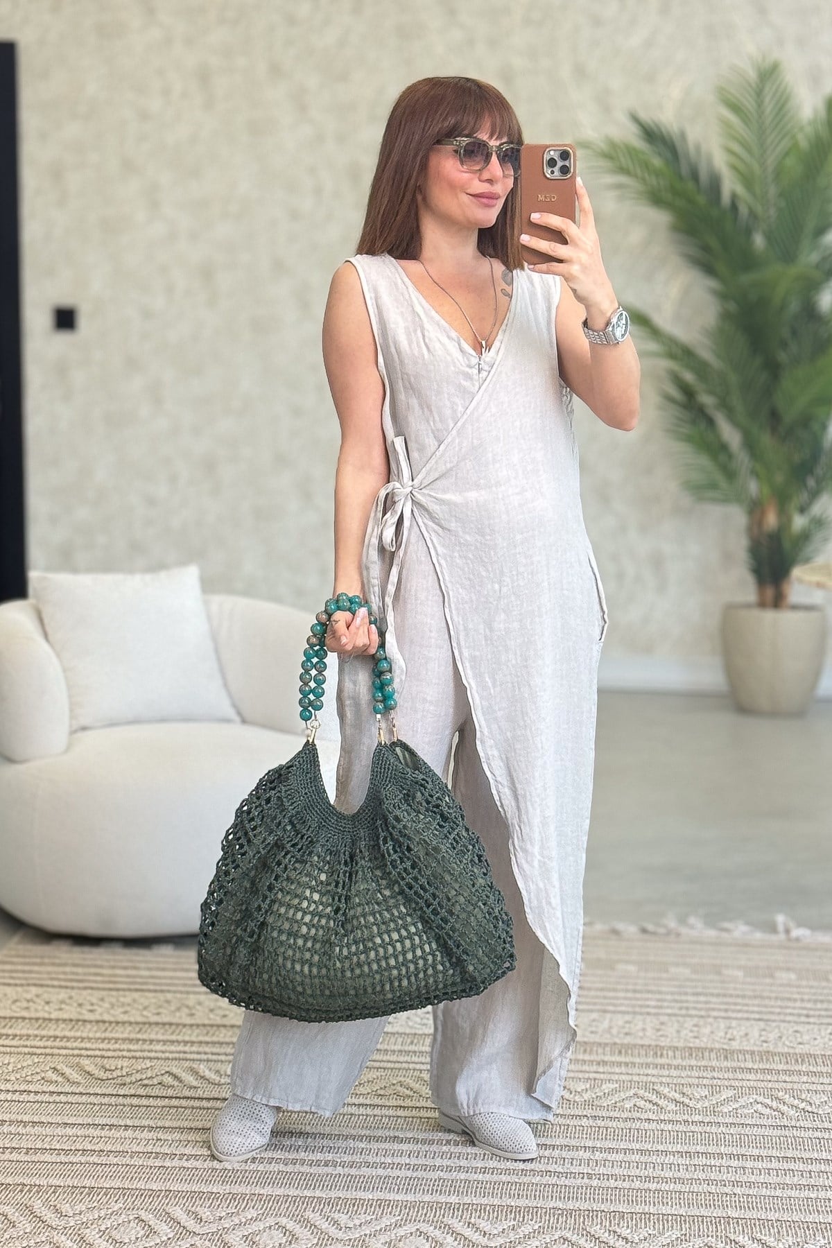 Fermuarlı Yandan Bağlamalı Kolsuz Keten Tulum Bej Renk