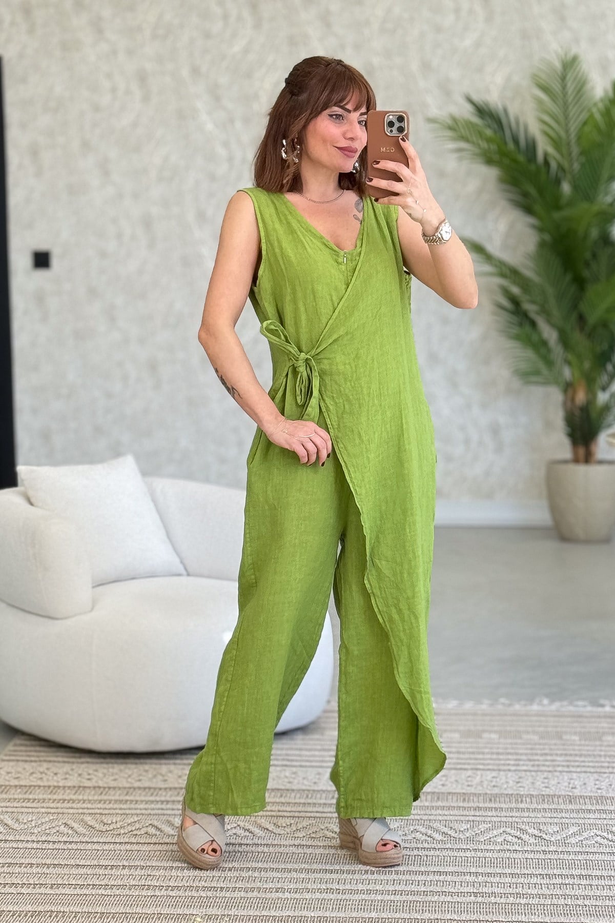 Fermuarlı Yandan Bağlamalı Kolsuz Keten Tulum Fıstık Yeşil Renk