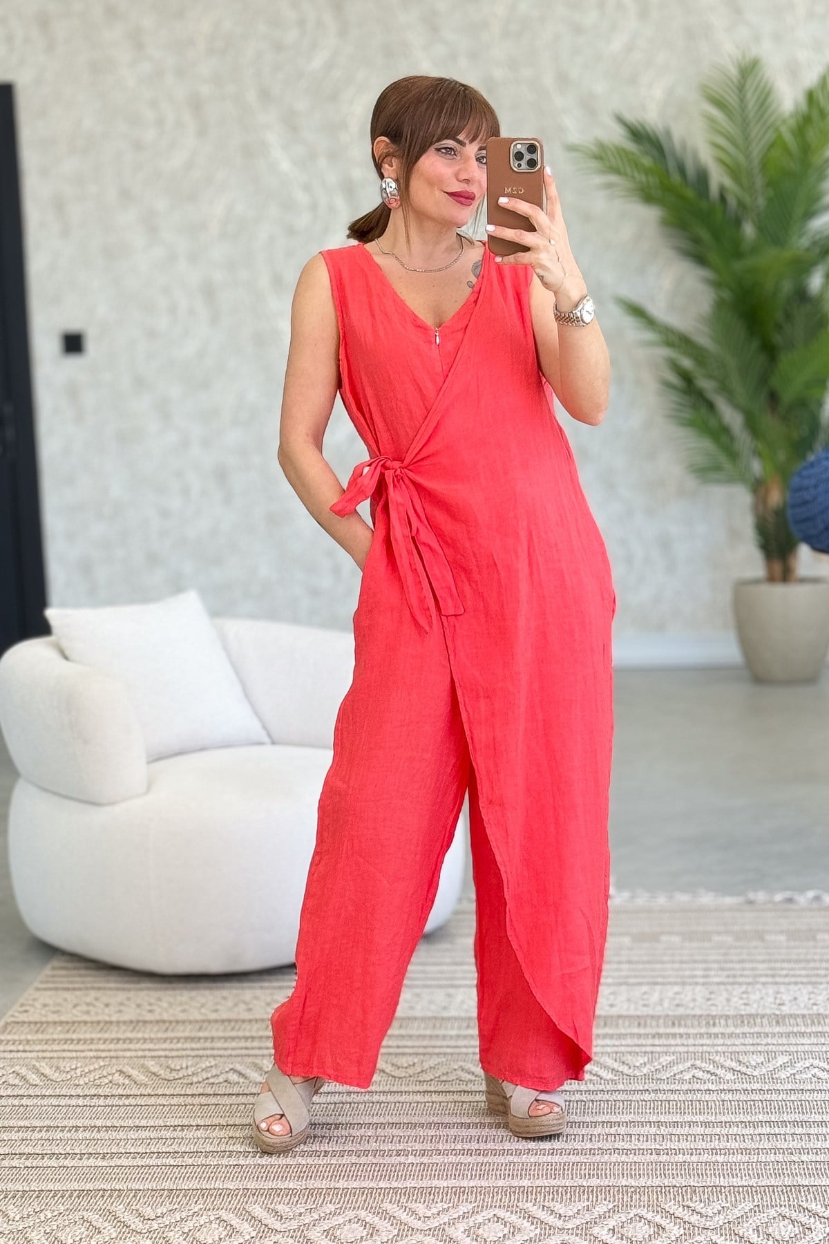 Fermuarlı Yandan Bağlamalı Kolsuz Keten Tulum Nar Çiçeği Renk