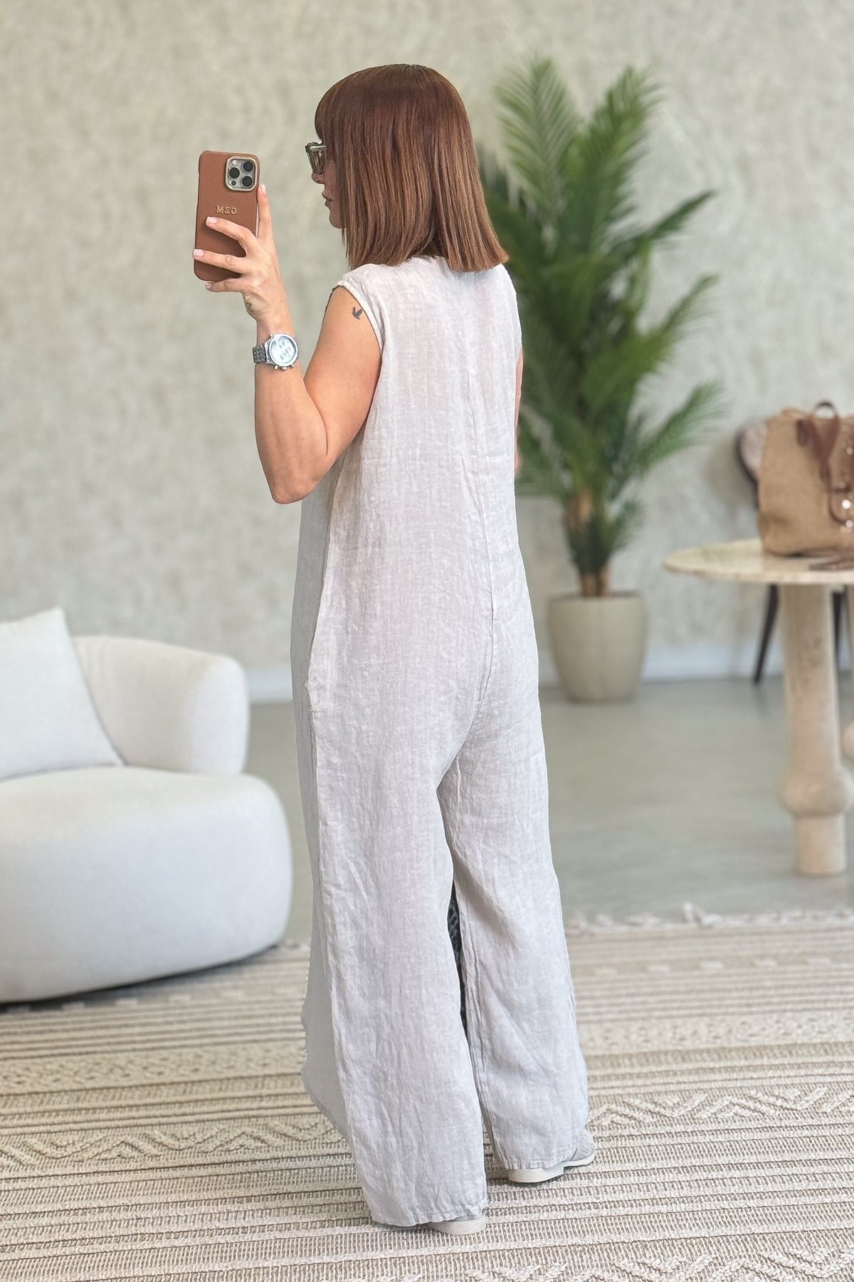 Fermuarlı Yandan Bağlamalı Kolsuz Keten Tulum Bej Renk