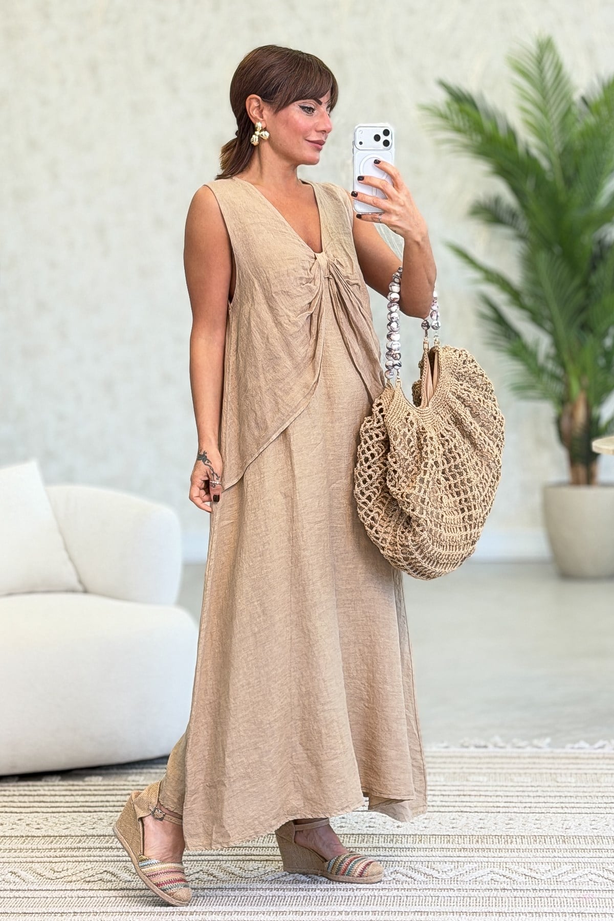Fiyonk Detaylı Keten Elbise Camel Renk