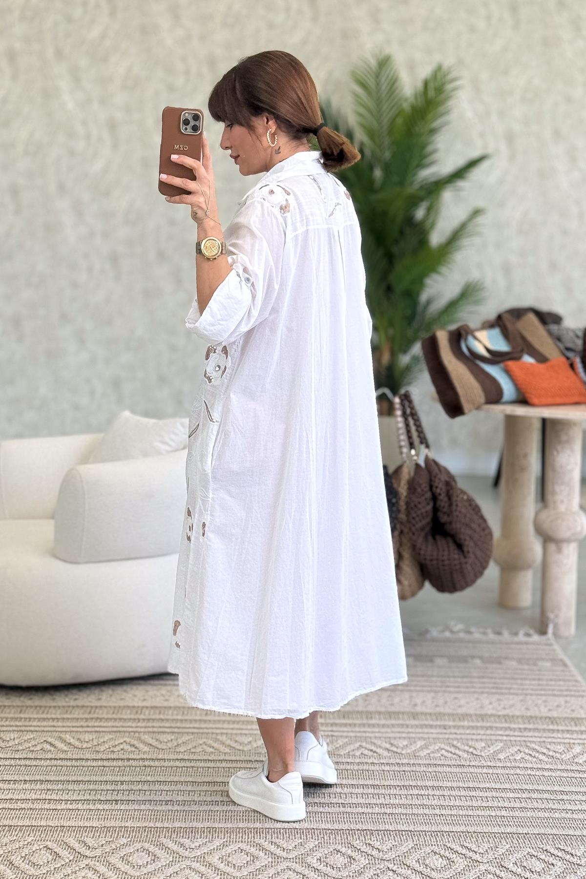 Gold Pul İşlemeli Önden Düğmeli Pamuklu Gömlek Elbise Beyaz Renk