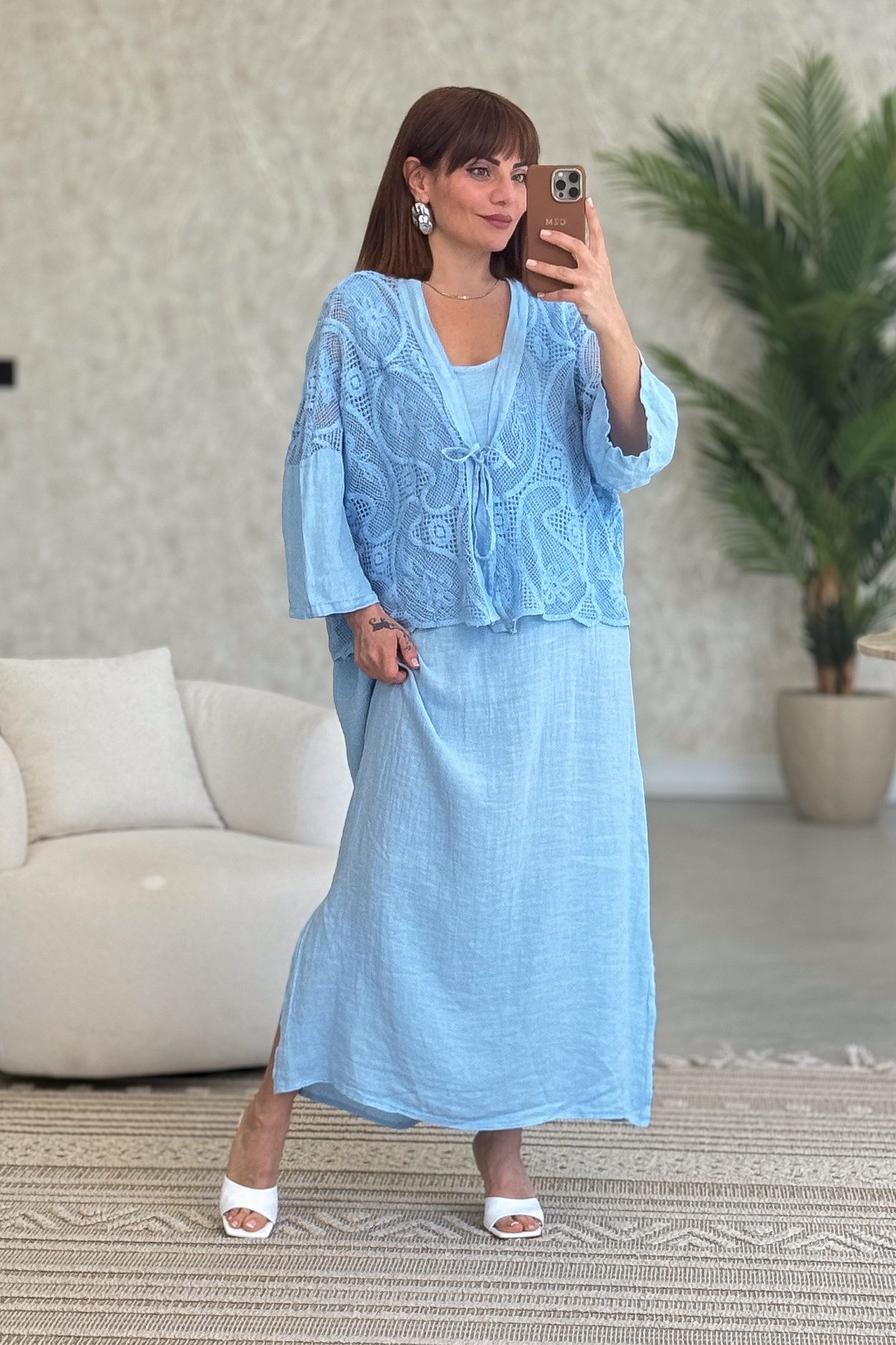Güpür Ceket Takımlı Kolsuz Keten Elbiseli Bebe Mavi Renk