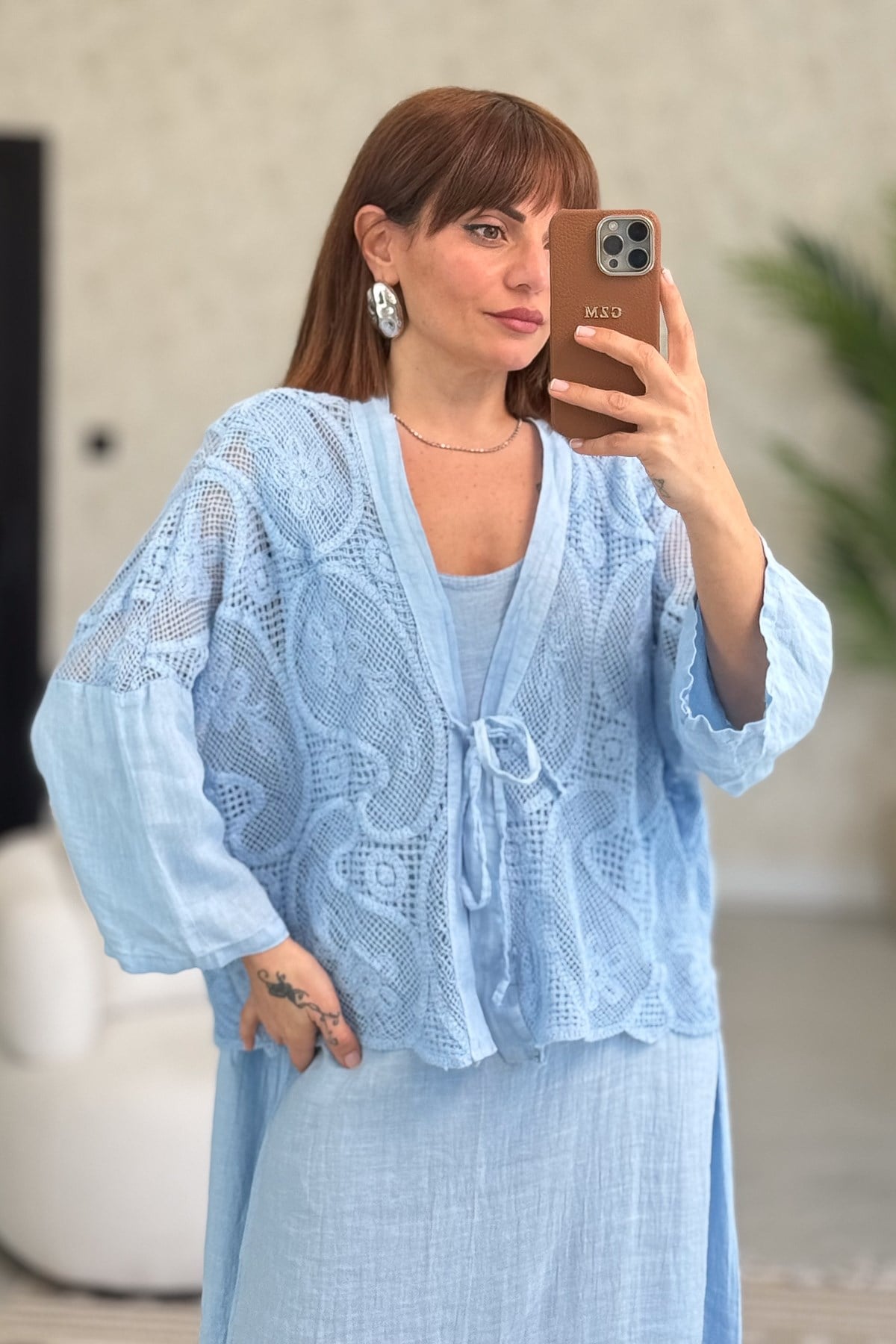 Güpür Ceket Takımlı Kolsuz Keten Elbiseli Bebe Mavi Renk
