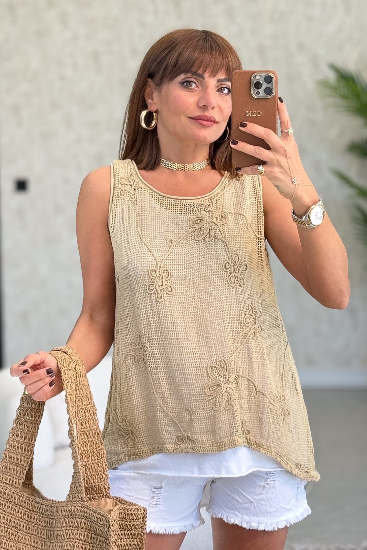 İçi Badili File Kolsuz Bluz Camel Renk
