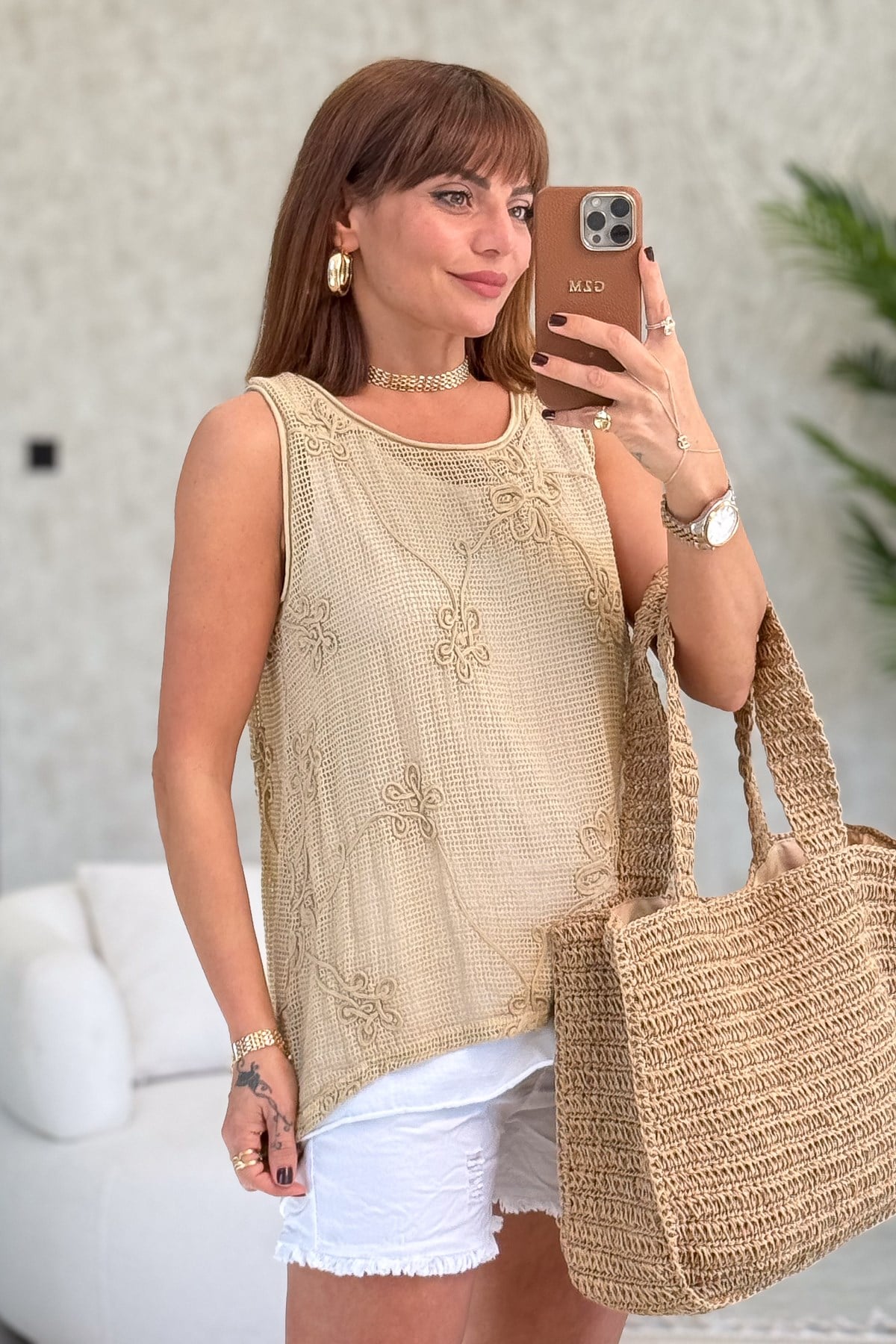 İçi Badili File Kolsuz Bluz Camel Renk