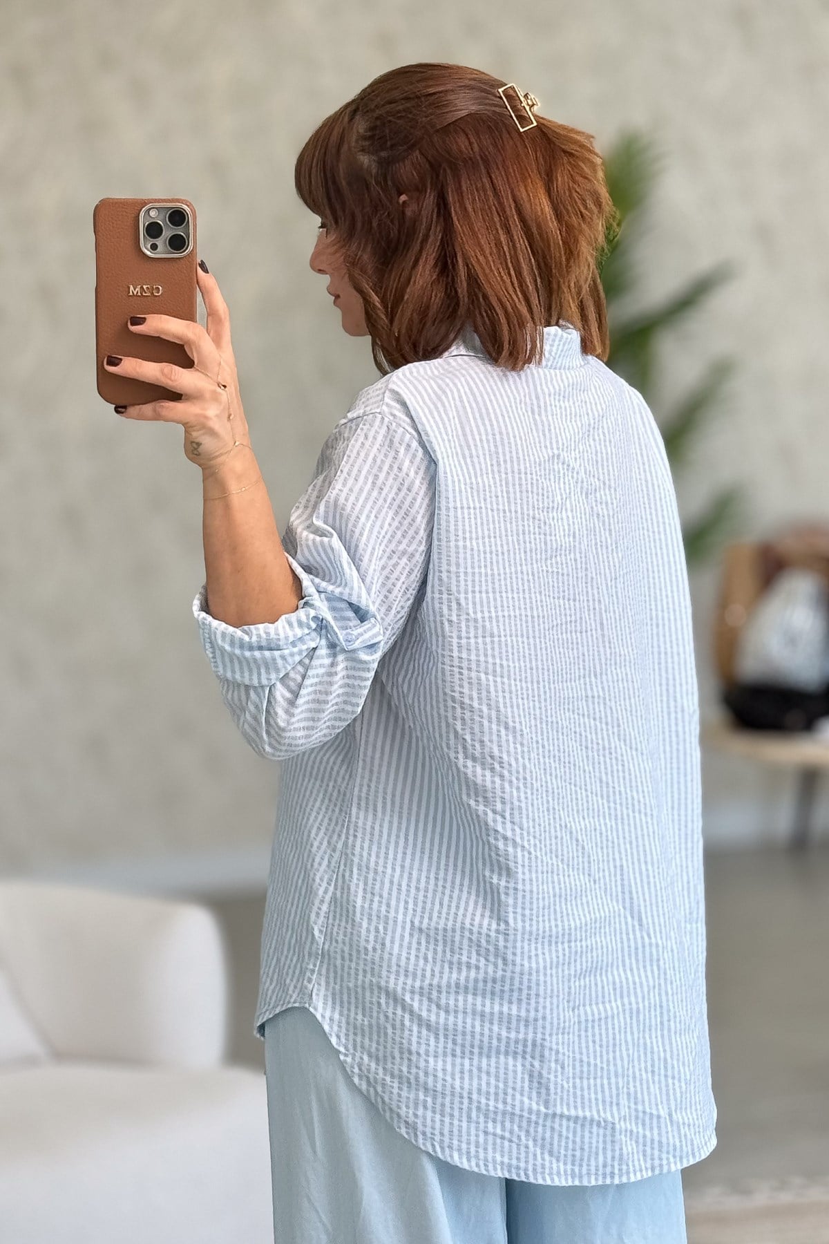 Kalın Çizgili Pamuklu Gömlek Bebe Mavi Renk