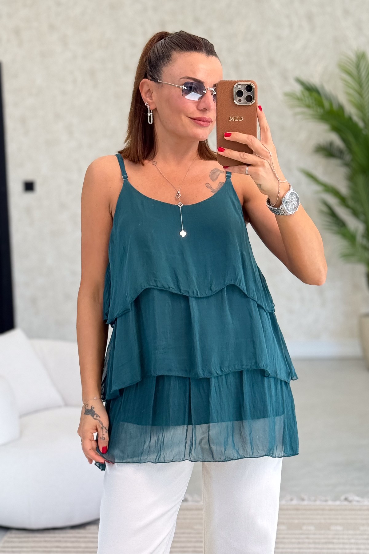 Kat Kat Askılı İpek Bluz Nefti Yeşil Renk