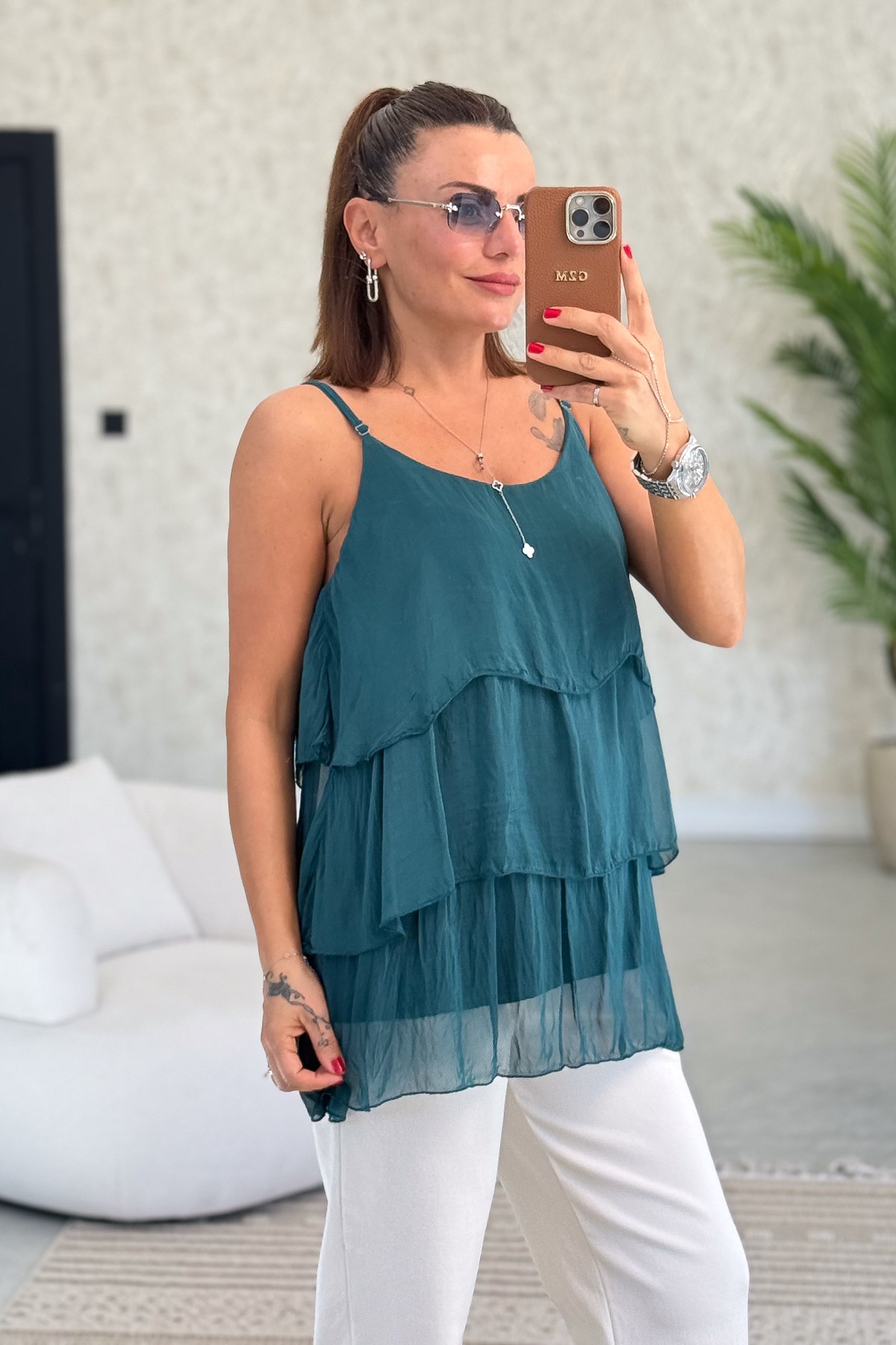 Kat Kat Askılı İpek Bluz Nefti Yeşil Renk