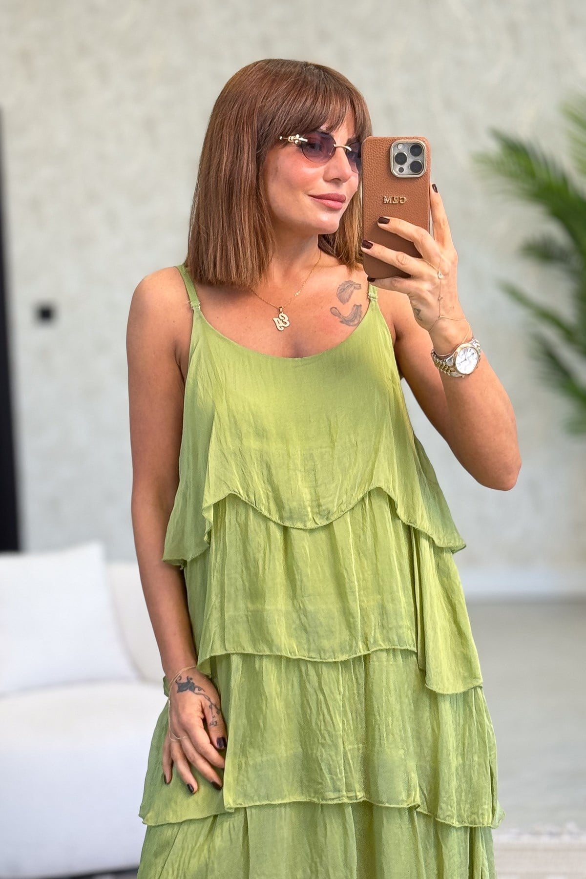 Kat Kat Askılı İpek Elbise Fıstık Yeşil Renk
