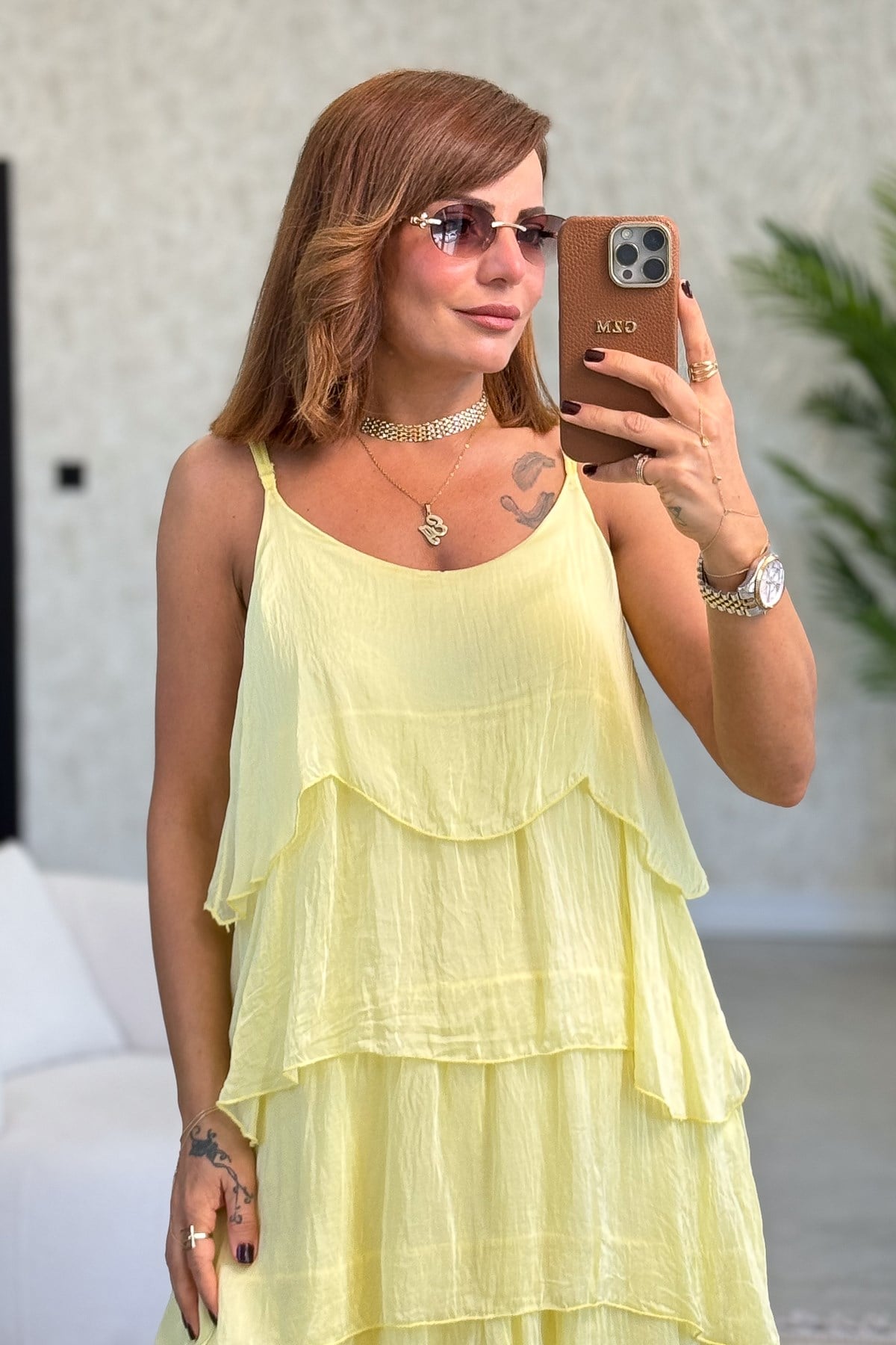 Kat Kat Askılı İpek Elbise Sarı Renk