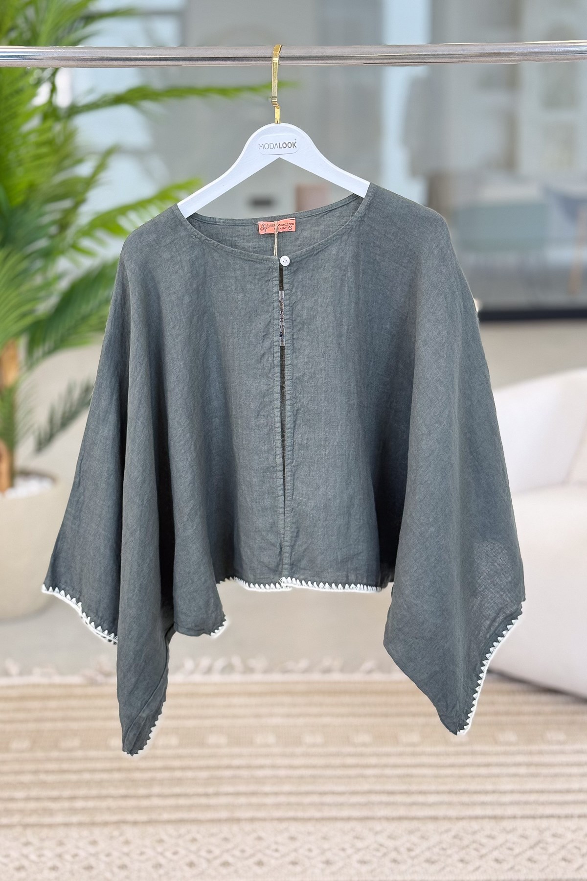 Kenarları Oya İşlemeli Keten Bolero Haki Renk
