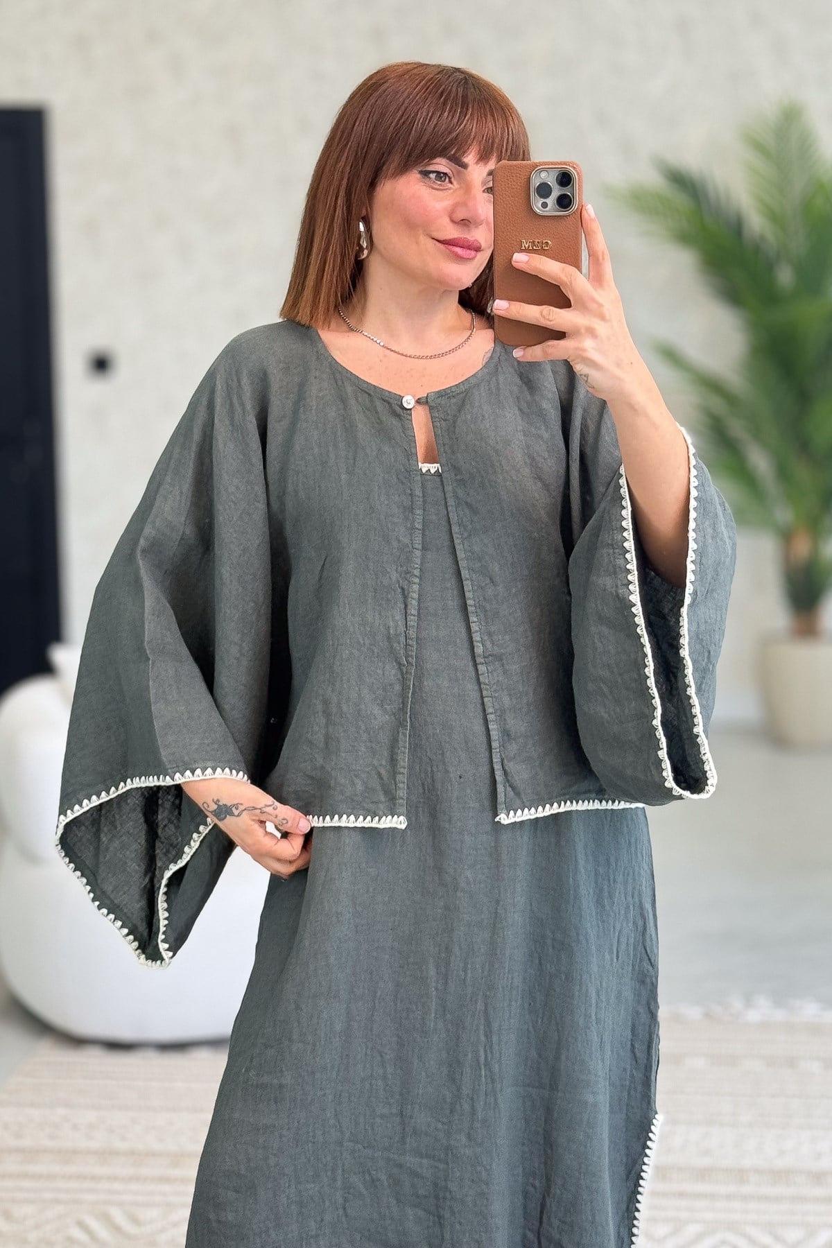 Kenarları Oya İşlemeli Keten Bolero Haki Renk