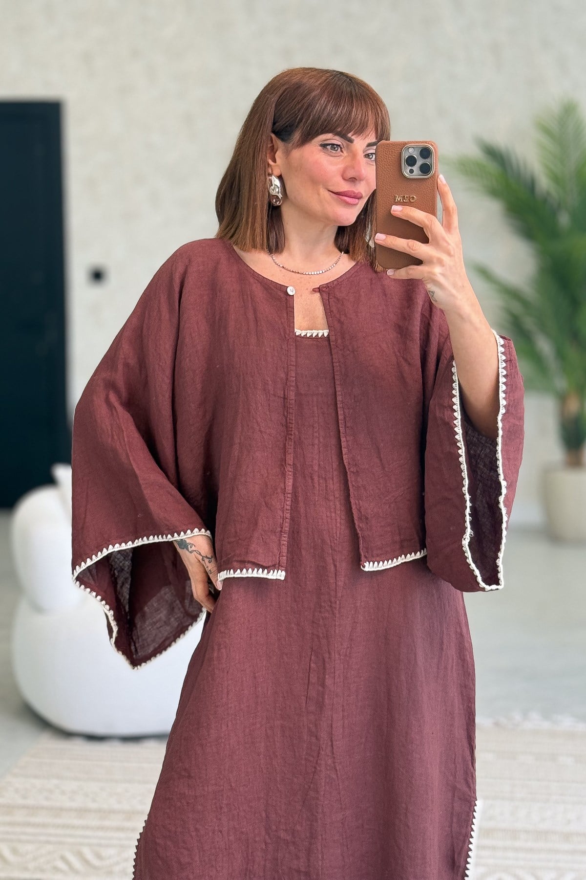 Kenarları Oya İşlemeli Keten Bolero Kızılkahve Renk