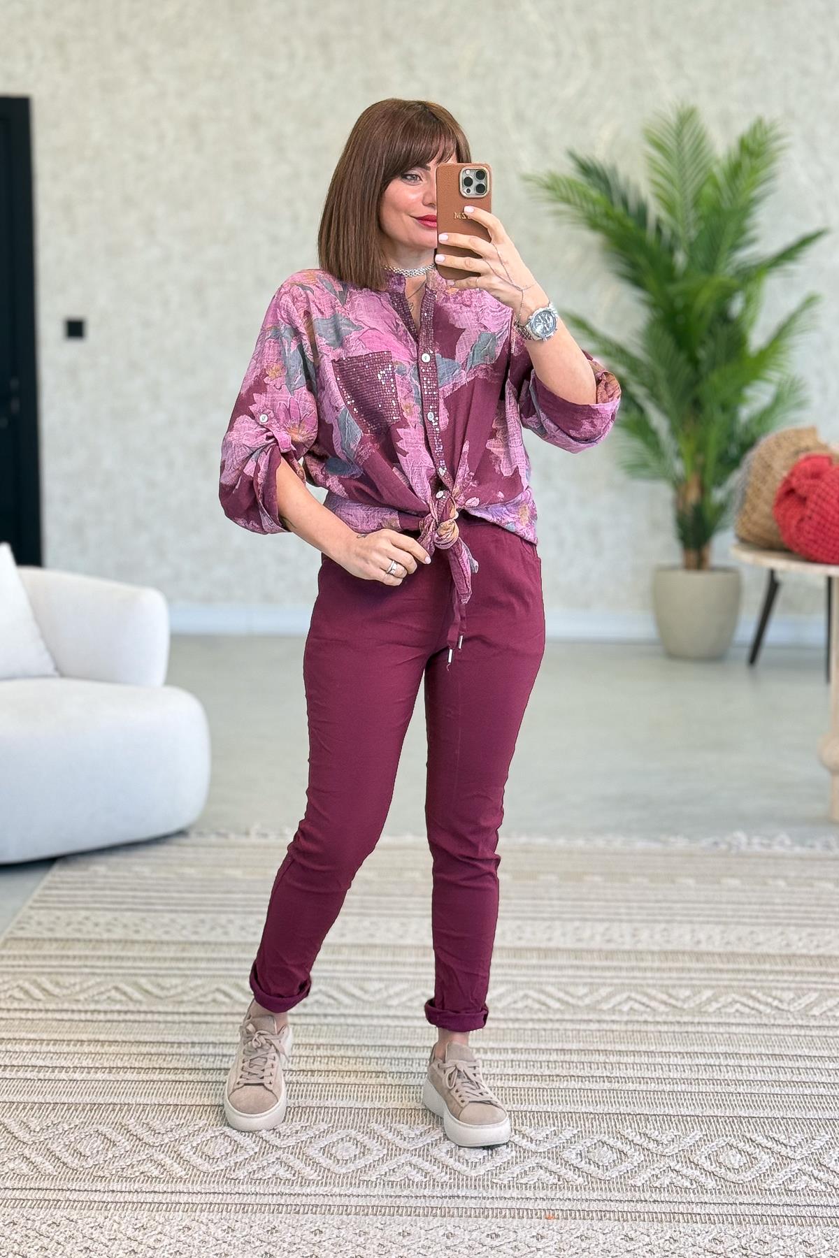 Likralı Düz Basic Pantolon Bordo Renk