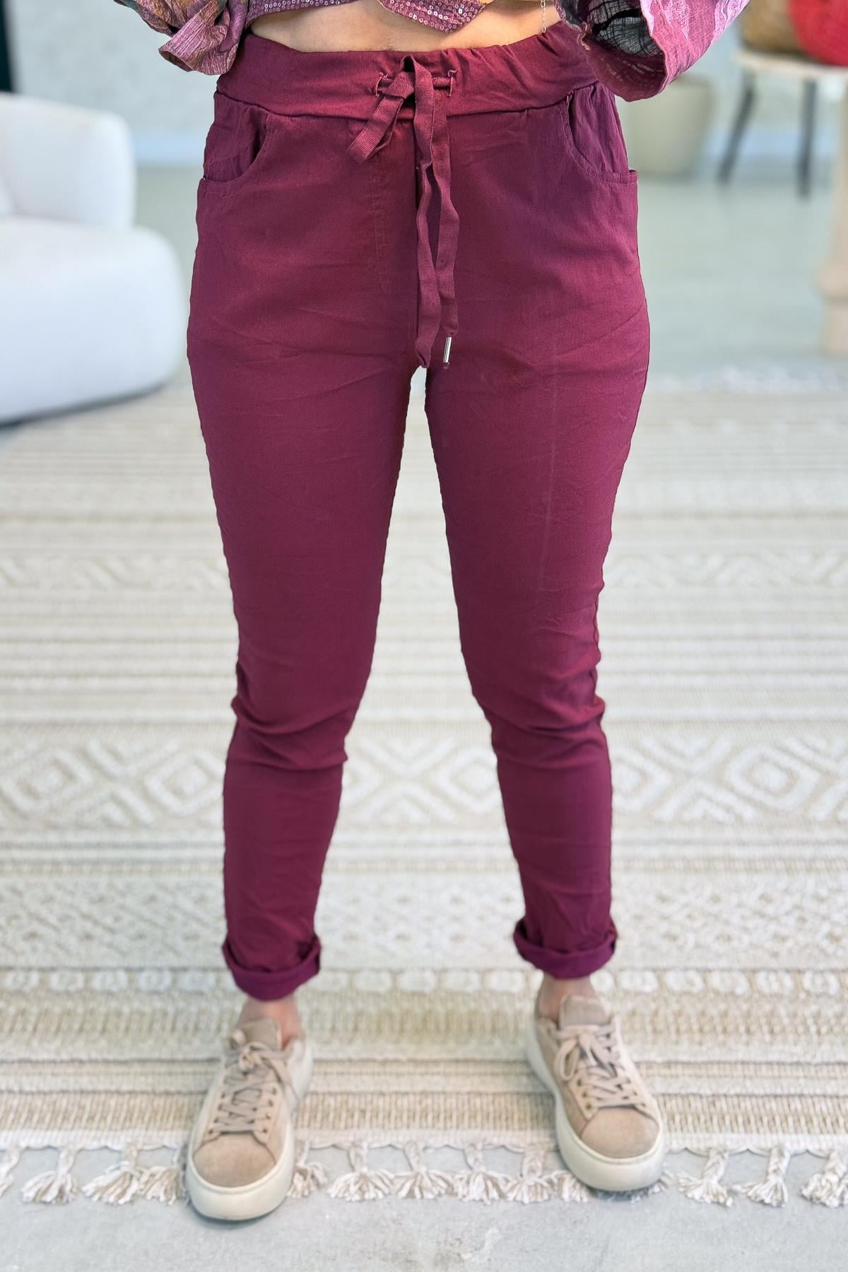 Likralı Düz Basic Pantolon Bordo Renk